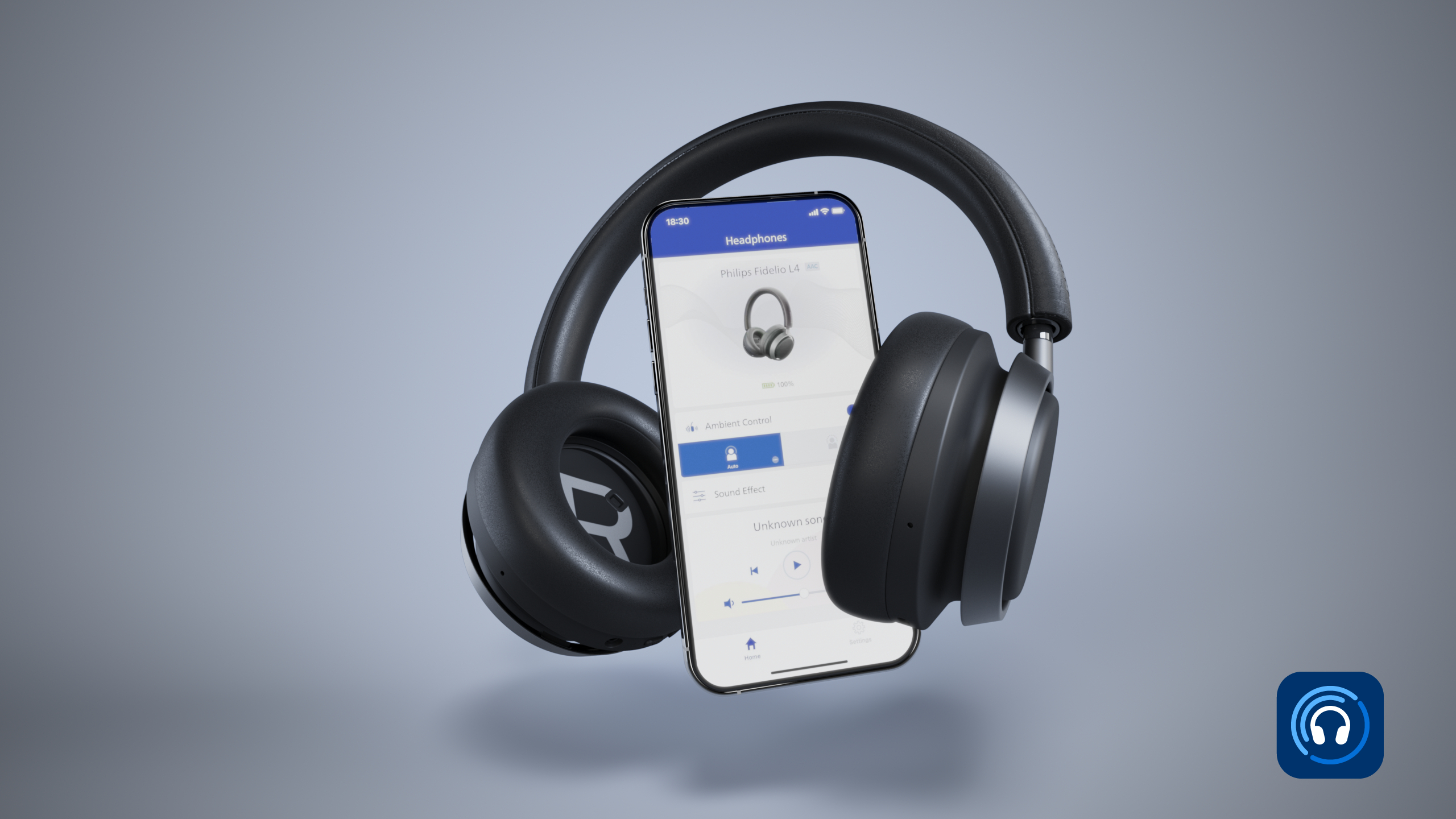 Smartphone mit Kopfhörer-App und schwarzen Kopfhörern.