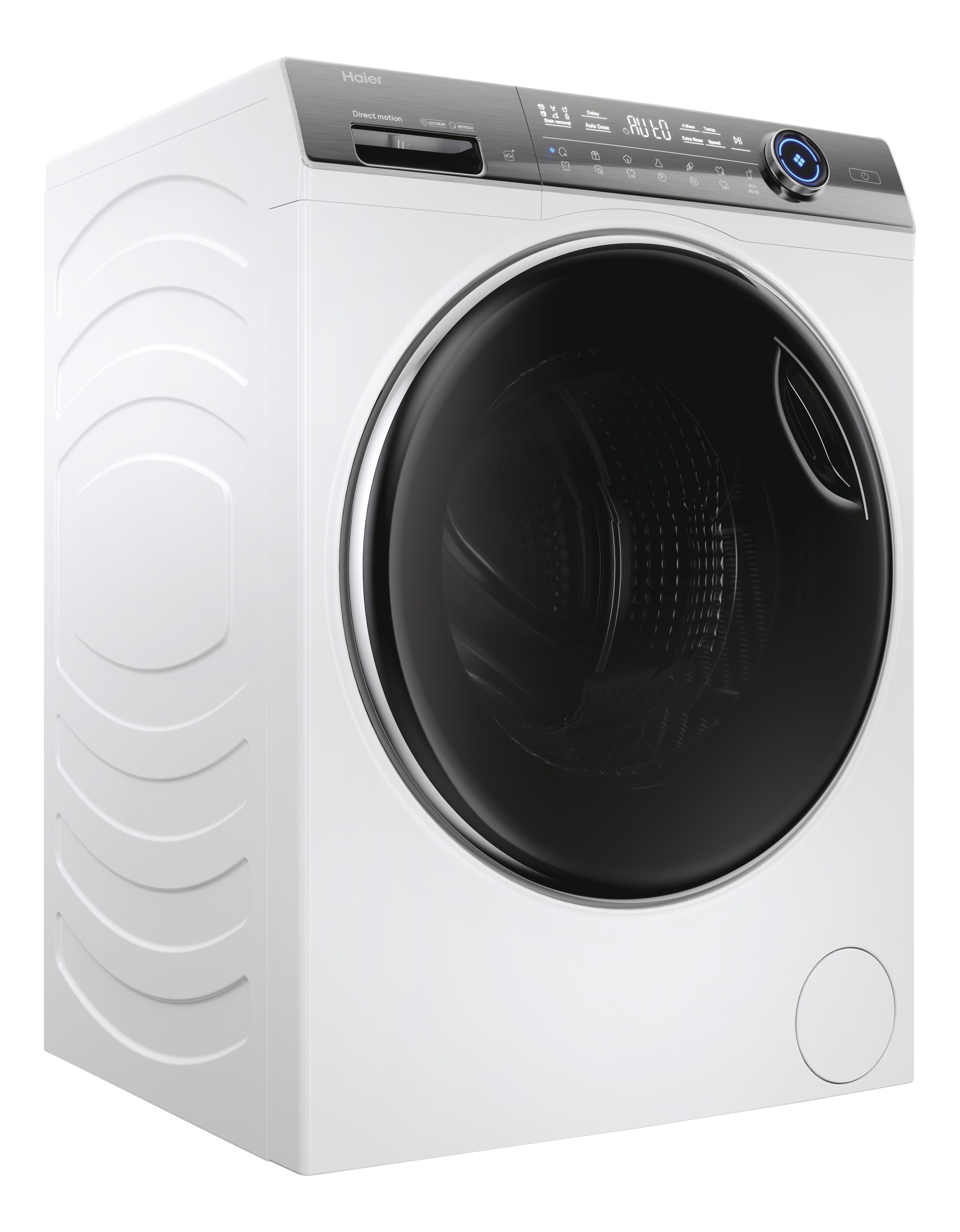 Una lavatrice Haier bianca con porta nera e display digitale.