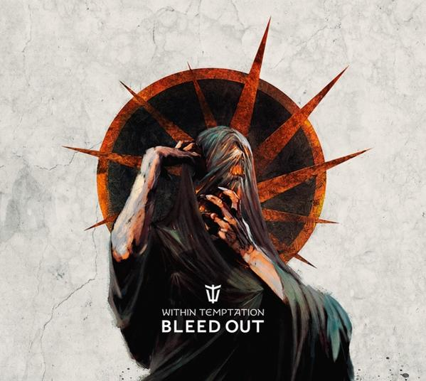 Album borító: kézzel az arcán tartott alak, narancssárga csillag, szöveg: Within Temptation, Bleed Out.