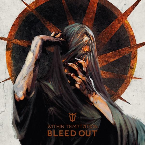 Album borító egy sötét figuráról hosszú hajjal. A fehér szöveg 'Within Temptation'. A Bleed Out cím alatta.