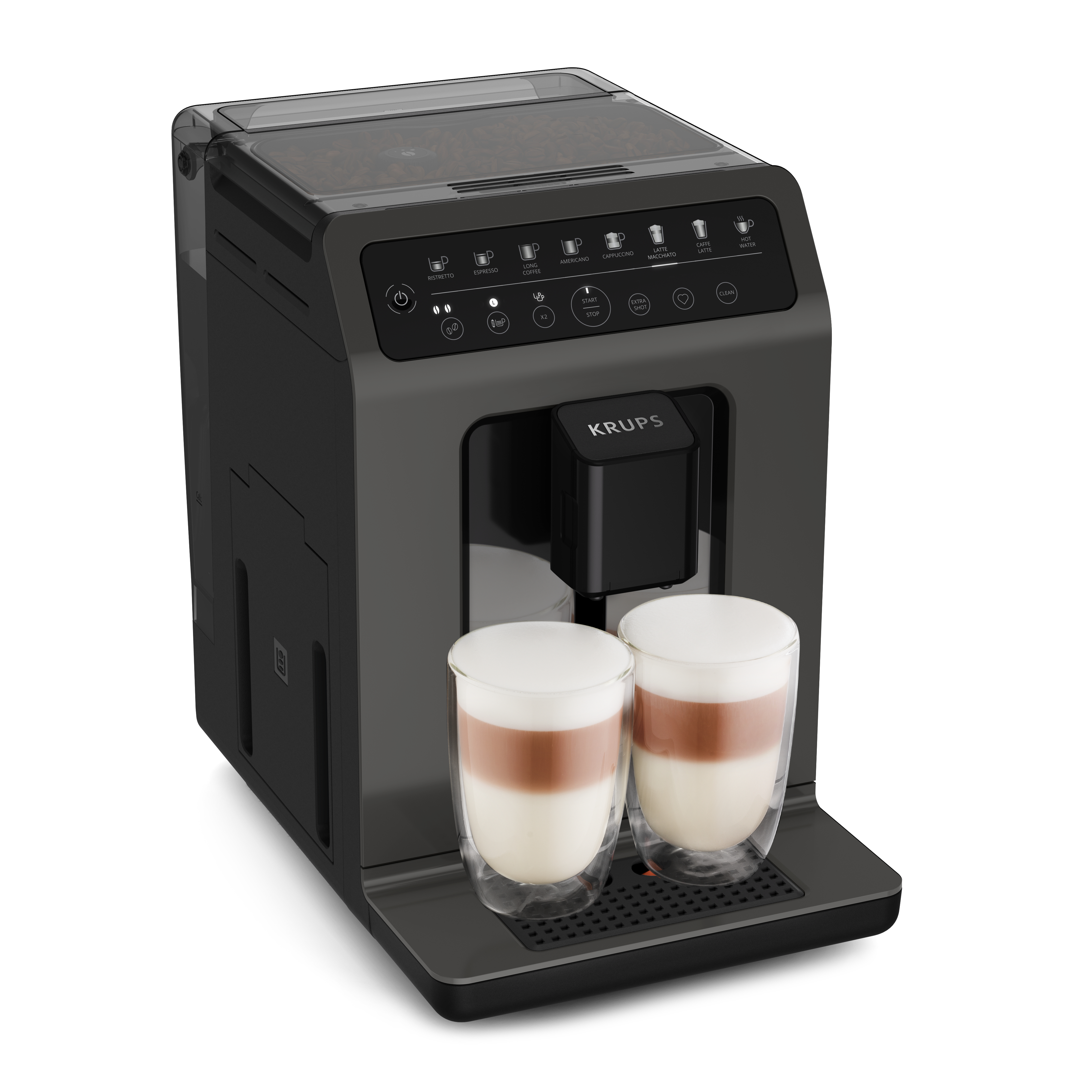 Schwarze Krups Kaffeemaschine mit zwei Gläsern Latte Macchiato. Auf weißem Hintergrund.