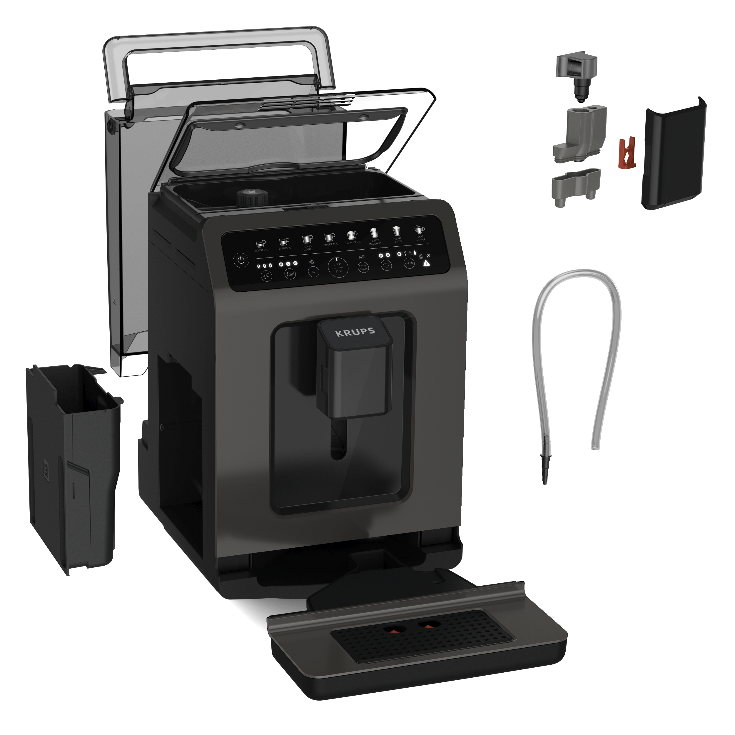 Schwarze Krups Kaffeemaschine mit separaten Komponenten. Wassertank und Zubehör sichtbar.
