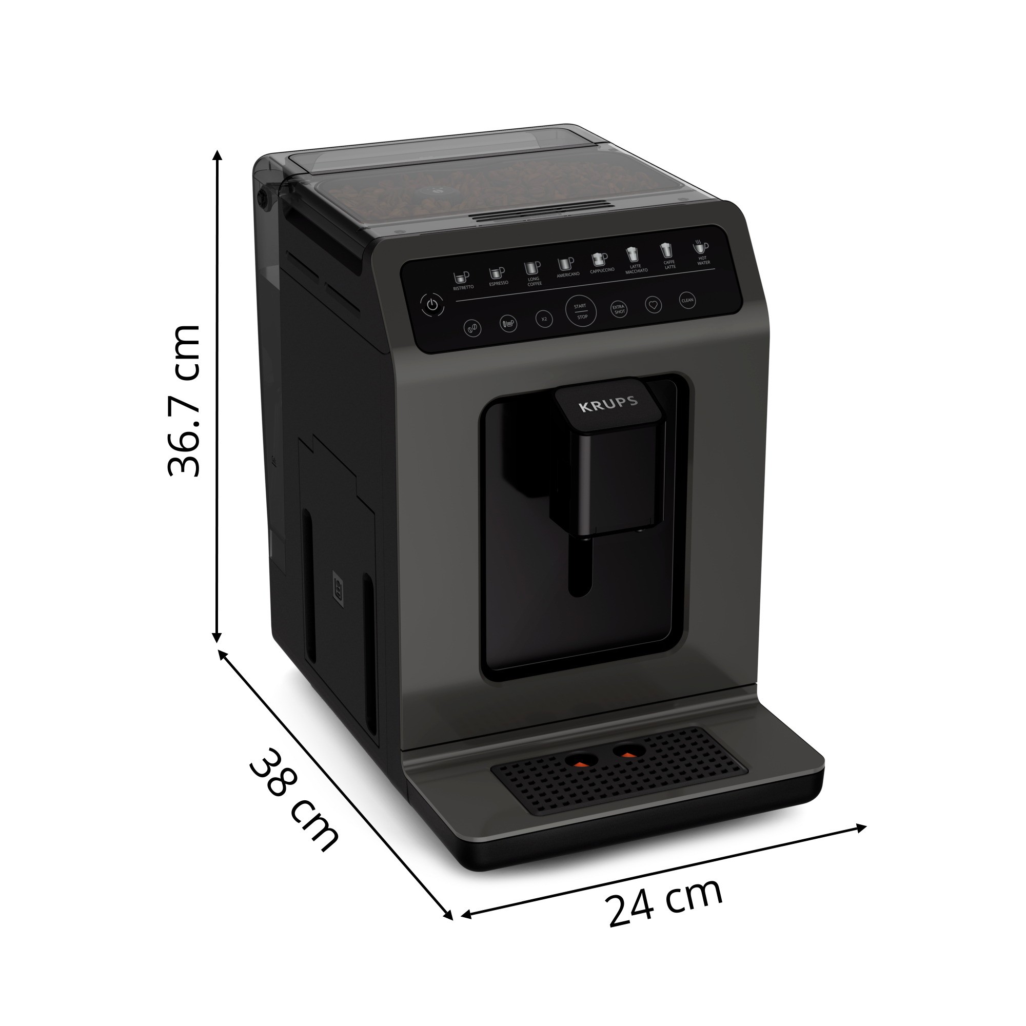 Schwarz-graue Kaffeemaschine mit Abmessungen.