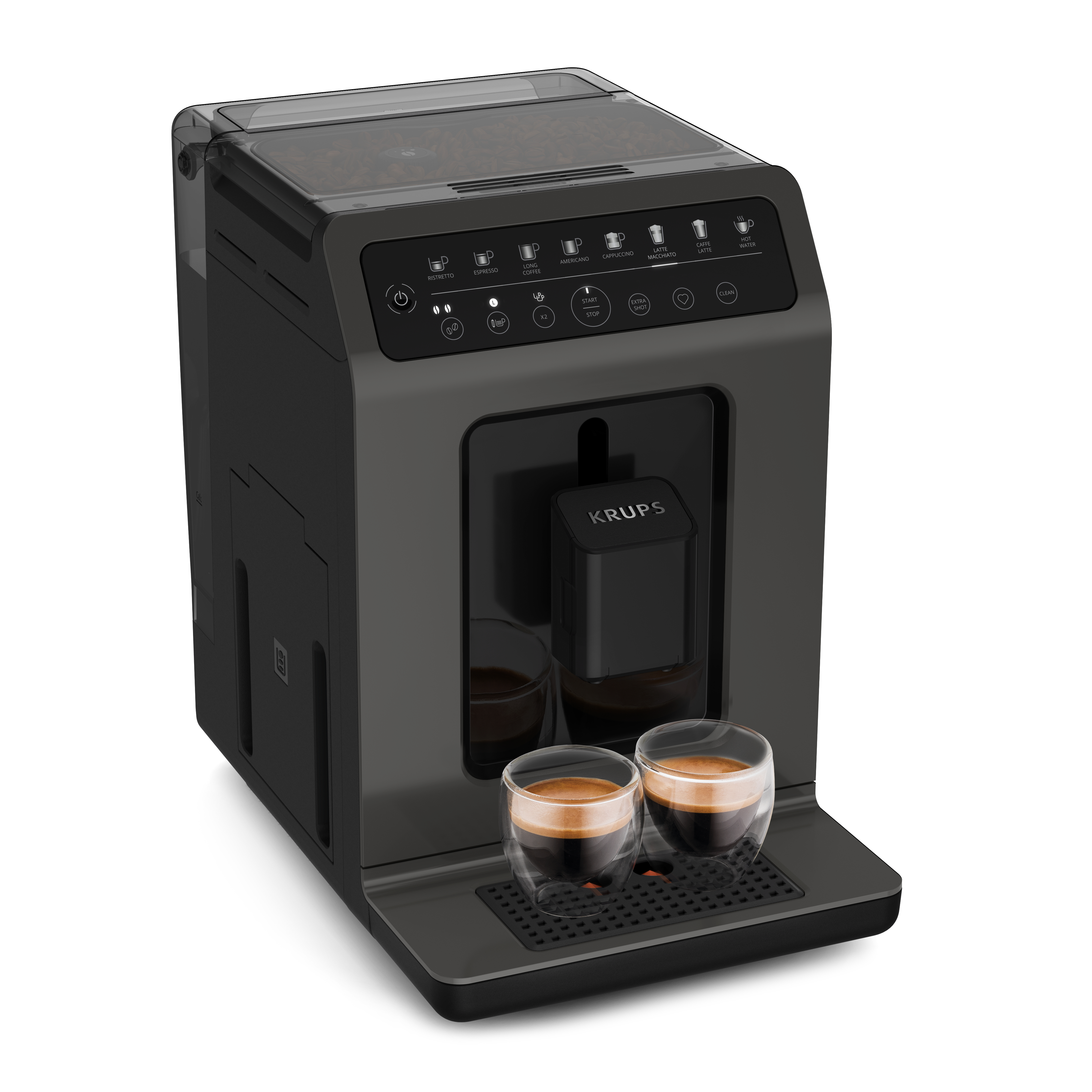 Eine dunkelgraue Kaffeemaschine mit zwei mit Kaffee gefüllten Gläsern. Auf weißem Hintergrund.