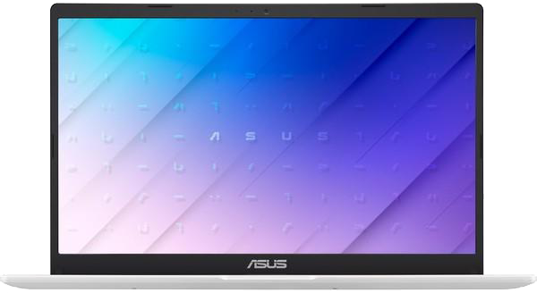 Egy fehér laptop képernyőjén kék, lila és fehér színátmenet látható, az ASUS logóval.