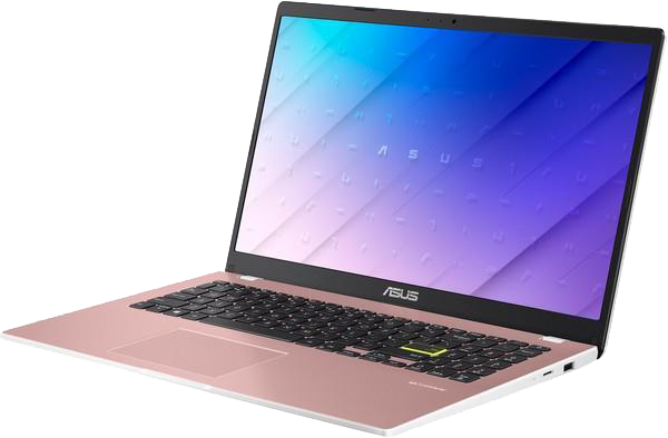 Egy laptop rózsaszín vázzal, fehér szegéllyel, kék-lila képernyővel.