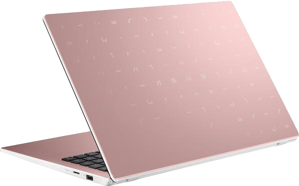 Rózsaszín laptop nyitva. A hátoldal mintás. Fekete billentyűzet.