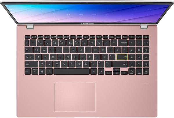 Rózsaszín laptop, nyitva. A billentyűzet fekete, a képernyő színes.