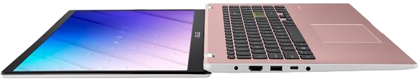 Rózsaszín laptop nyitva. Képernyő kék színátmenettel és billentyűzettel.