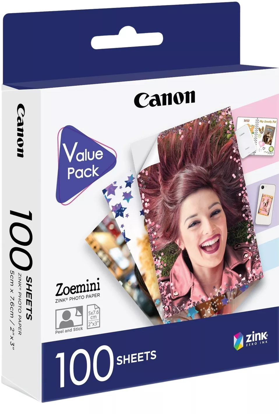 Una scatola di carta fotografica Canon con foto di una donna e altre immagini.