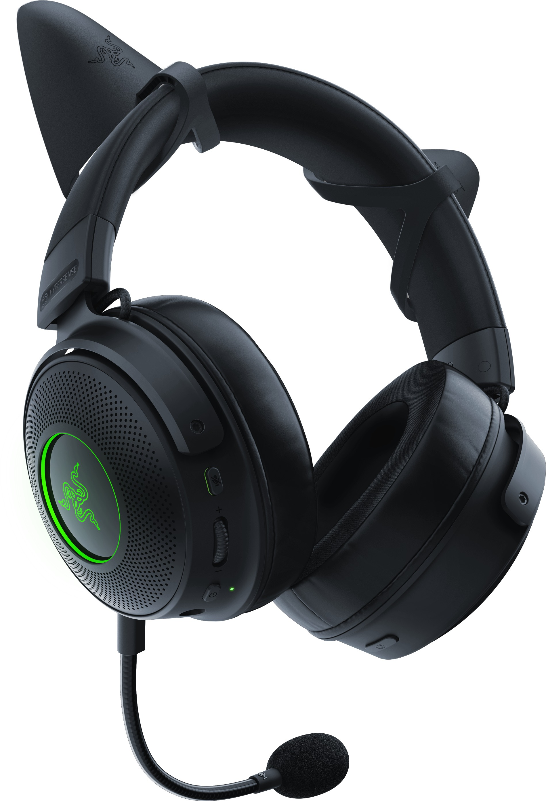 Schwarzes Gaming-Headset mit Katzenohren, grünes Logo, Mikrofon. Weißer Hintergrund.