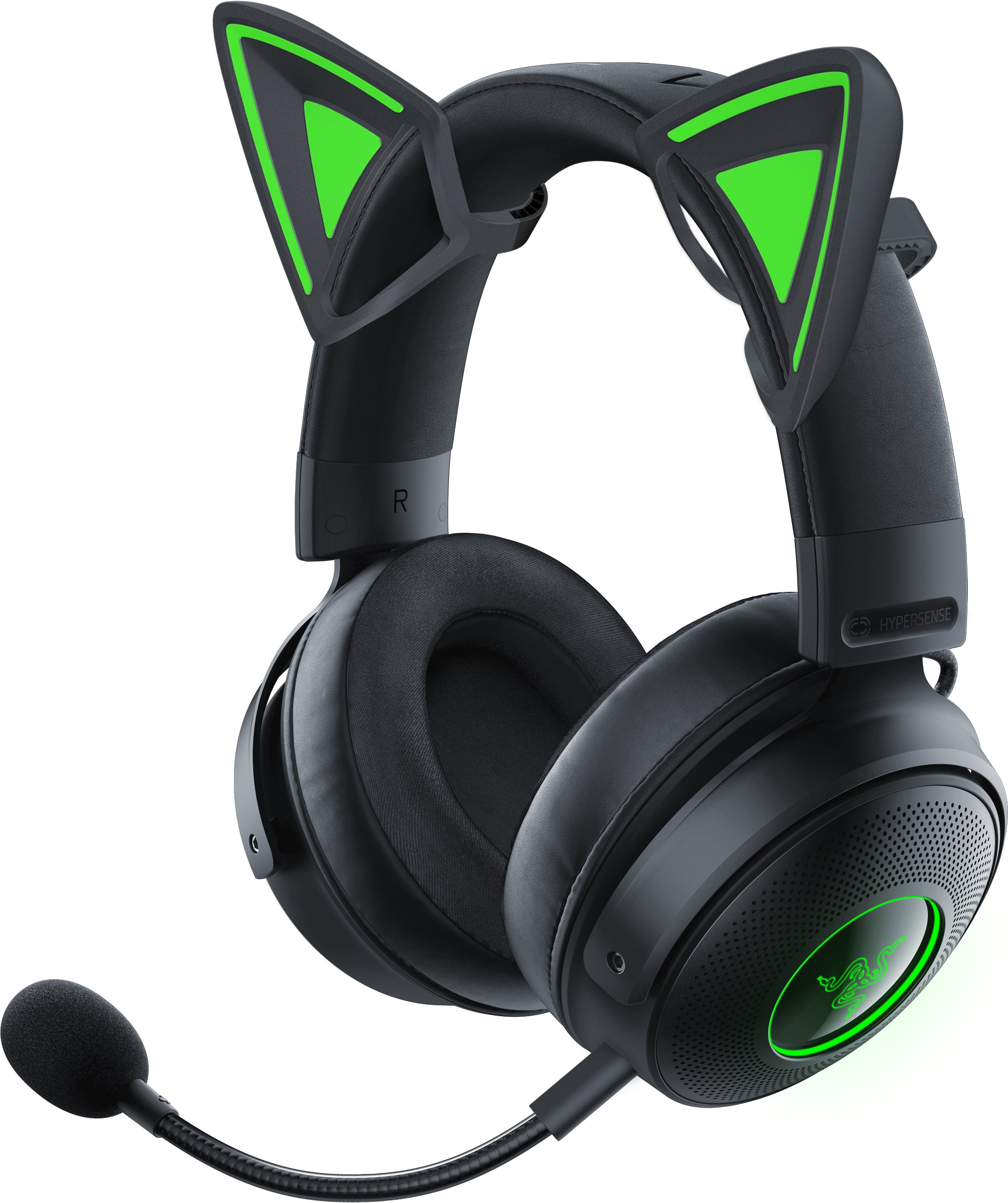 Schwarzes Razer-Gaming-Headset mit grünen Akzenten und Katzenohren. Mikrofon ist angebracht. Weißer Hintergrund.