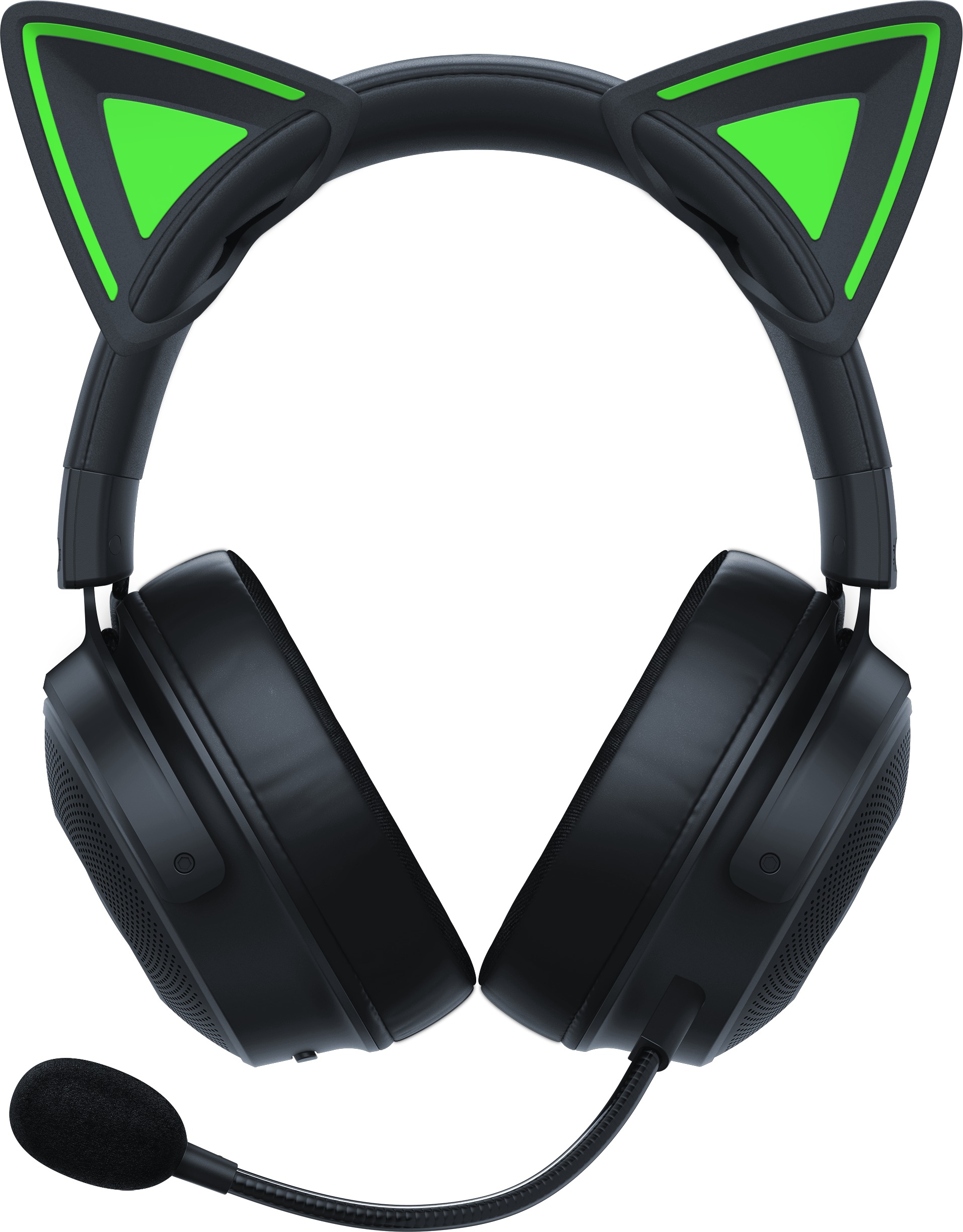 Schwarzes Gaming-Headset mit Katzenohren mit grünen Akzenten und Mikrofon.