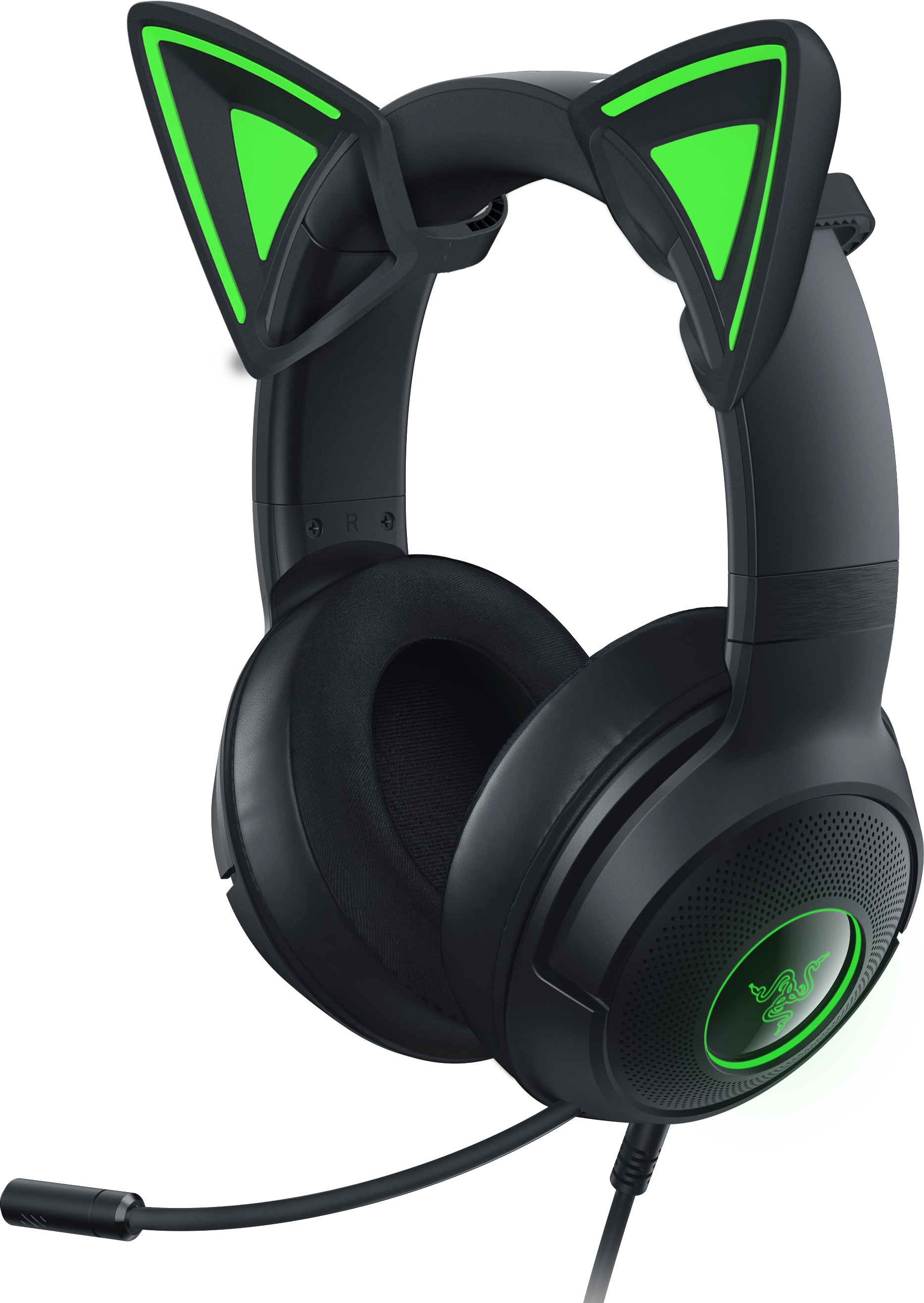 Schwarzes und grünes Razer-Gaming-Headset mit Katzenohren.