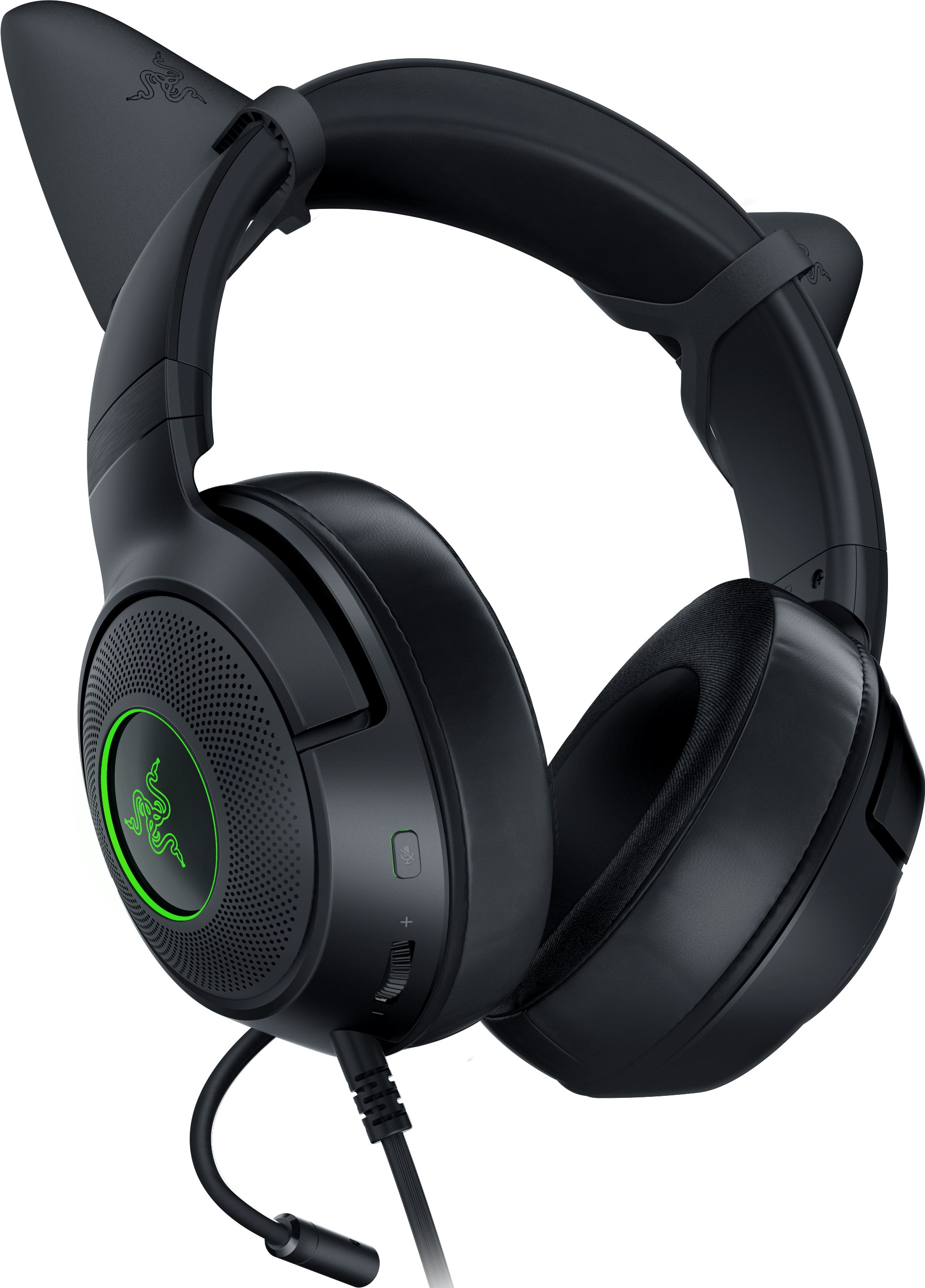 Schwarzes Headset mit Katzenohren, grünes Logo.