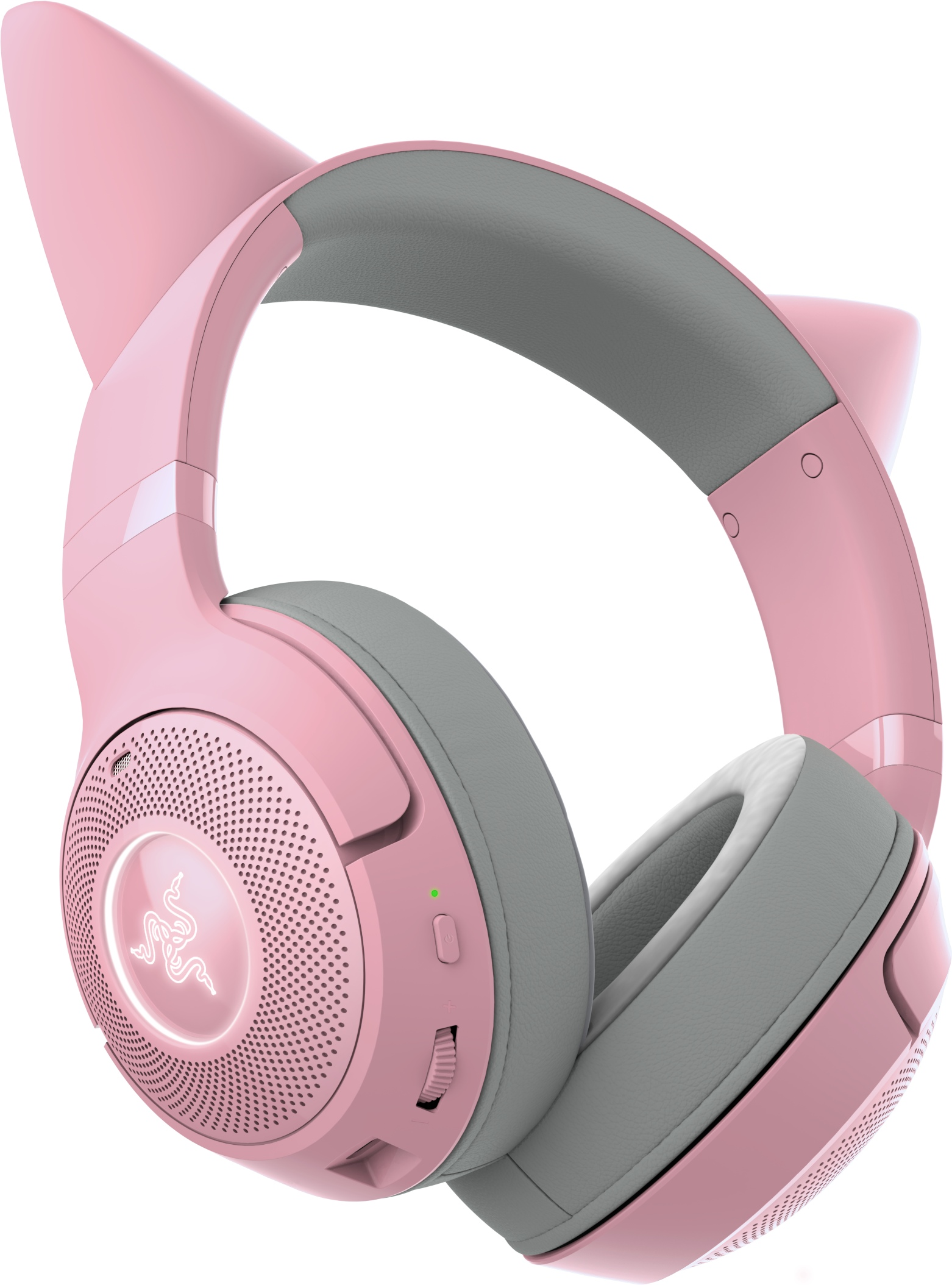 Cuffie da gioco Razer rosa con orecchie da gatto, vista angolata.