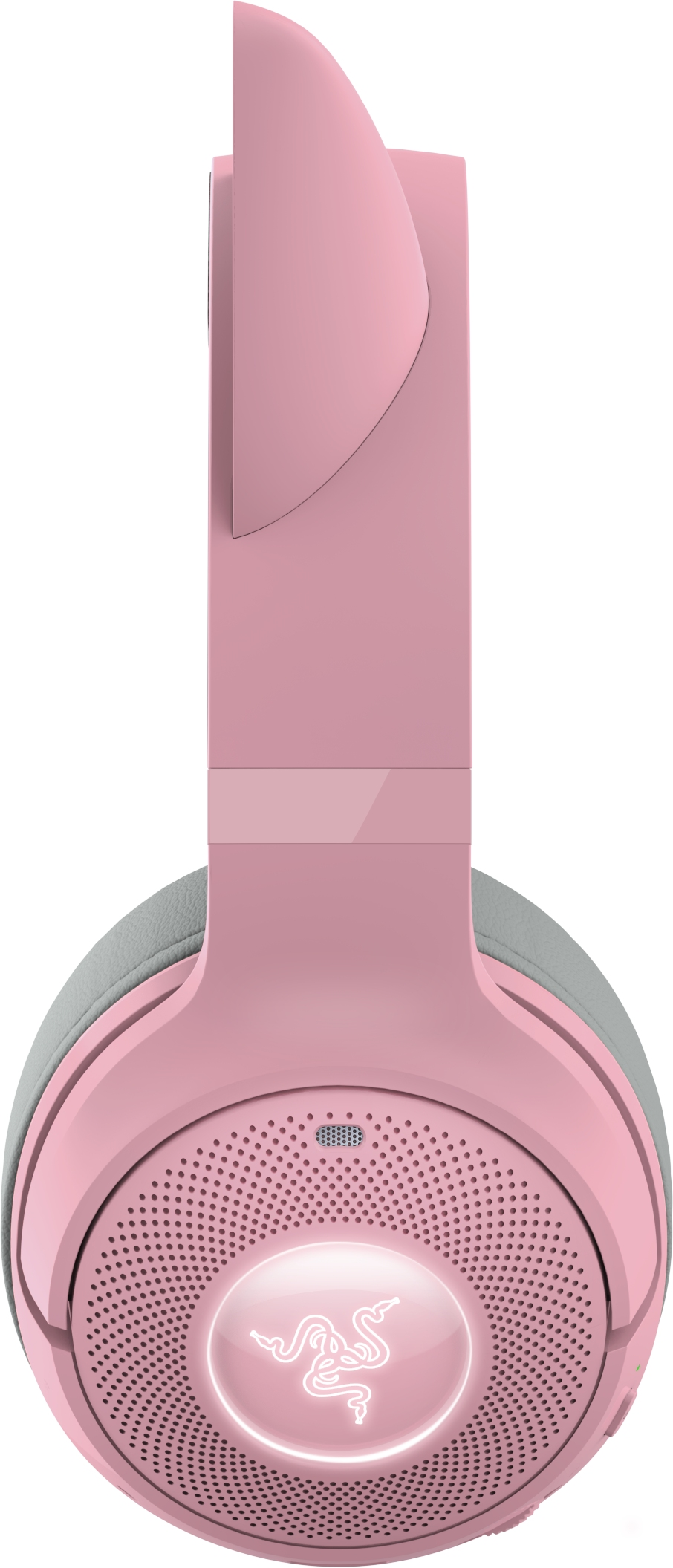 Cuffie da gioco Razer rosa, vista laterale, con logo e padiglione auricolare visibili.