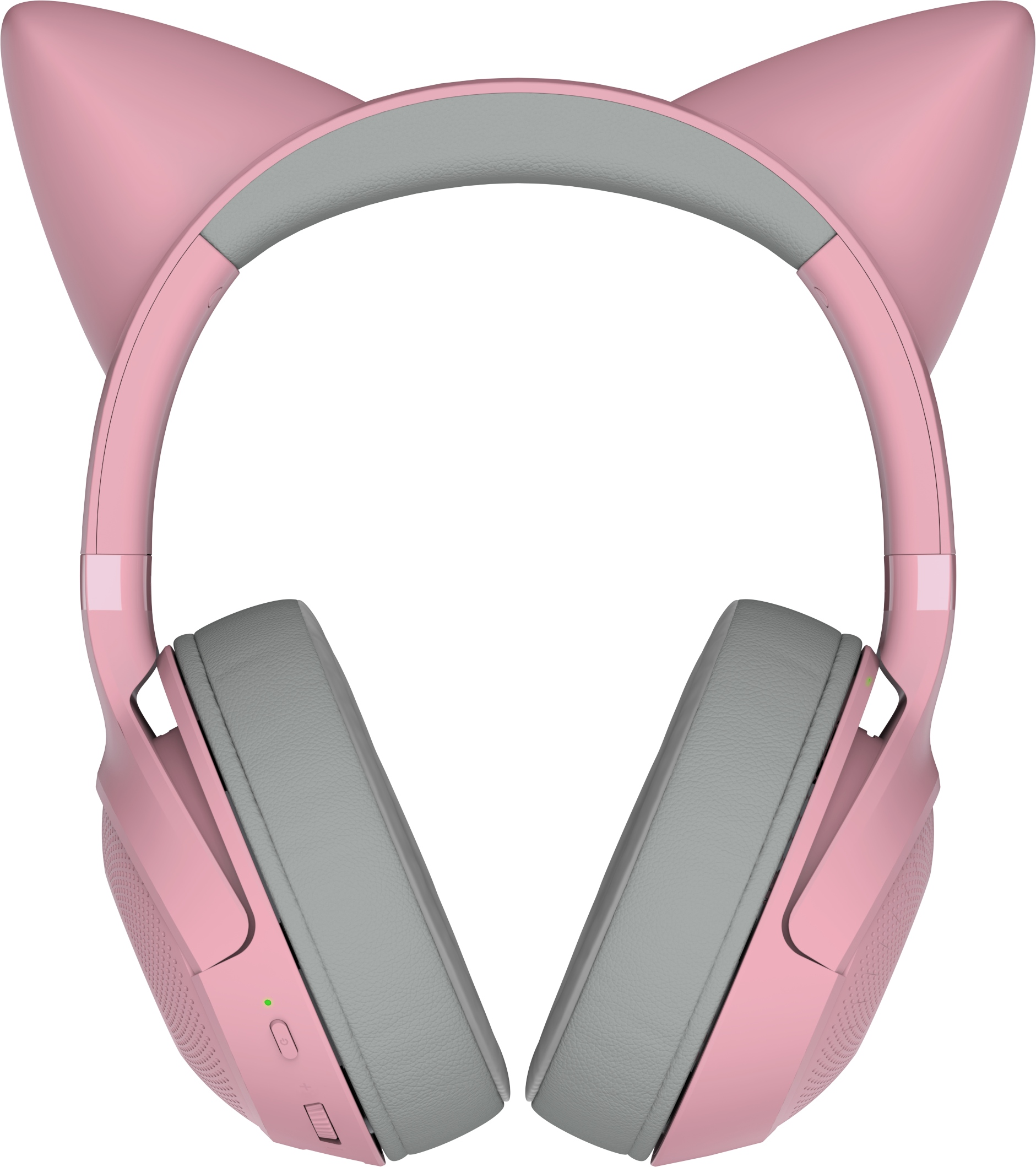 Cuffie rosa orecchie di gatto, vista dall'alto, con cuscinetti grigi e luce verde.