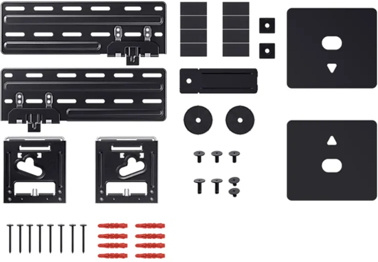 Un ensemble de matériel de montage TV, comprenant des supports, des vis et des plaques. Couleur noire.