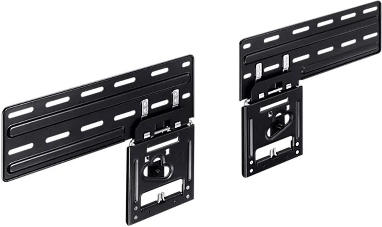 Deux supports muraux TV noirs. Chacun a deux parties, une pour le mur et une pour la TV.