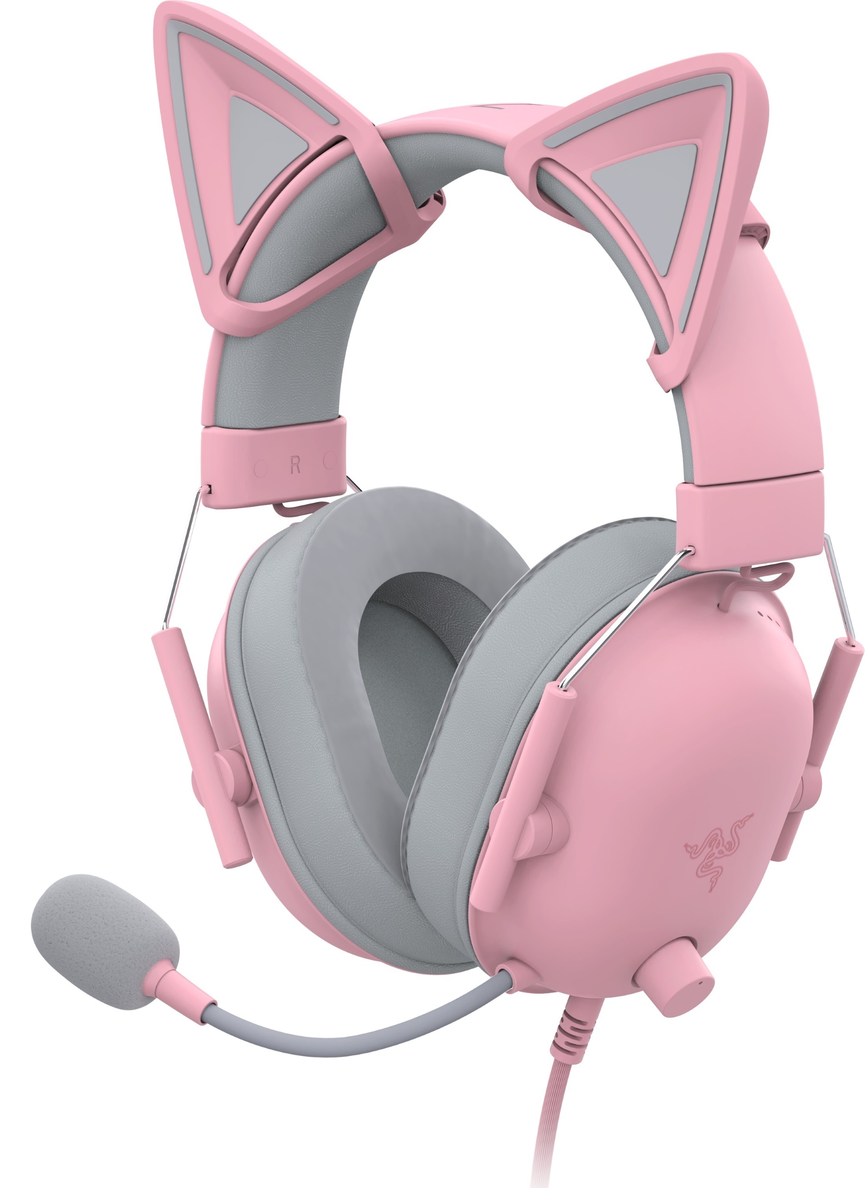 Cuffie rosa e grigie con orecchie da gatto e microfono. Il logo Razer è visibile.