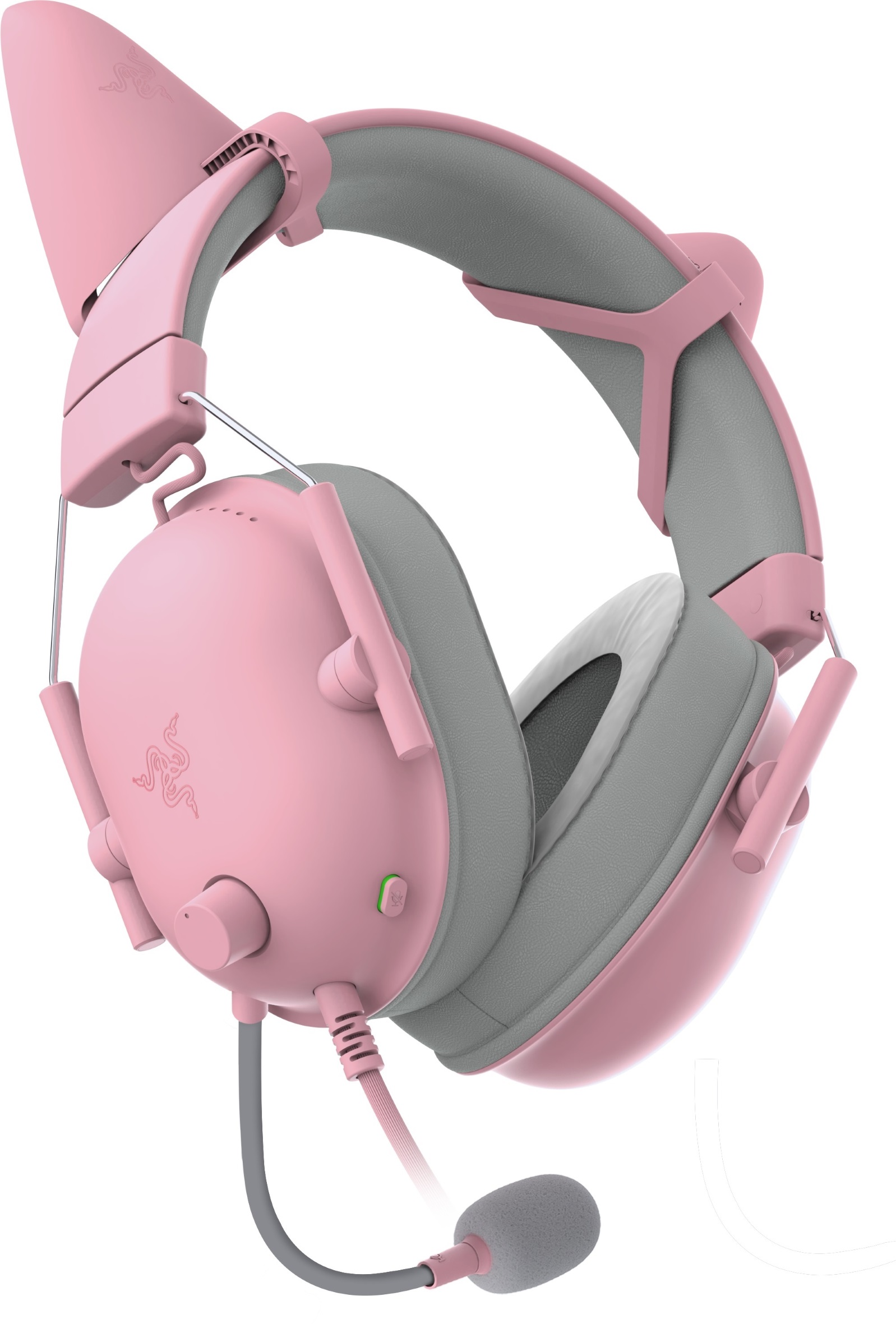 Cuffie da gioco rosa con orecchie da gatto, microfono e padiglione grigio su sfondo bianco.