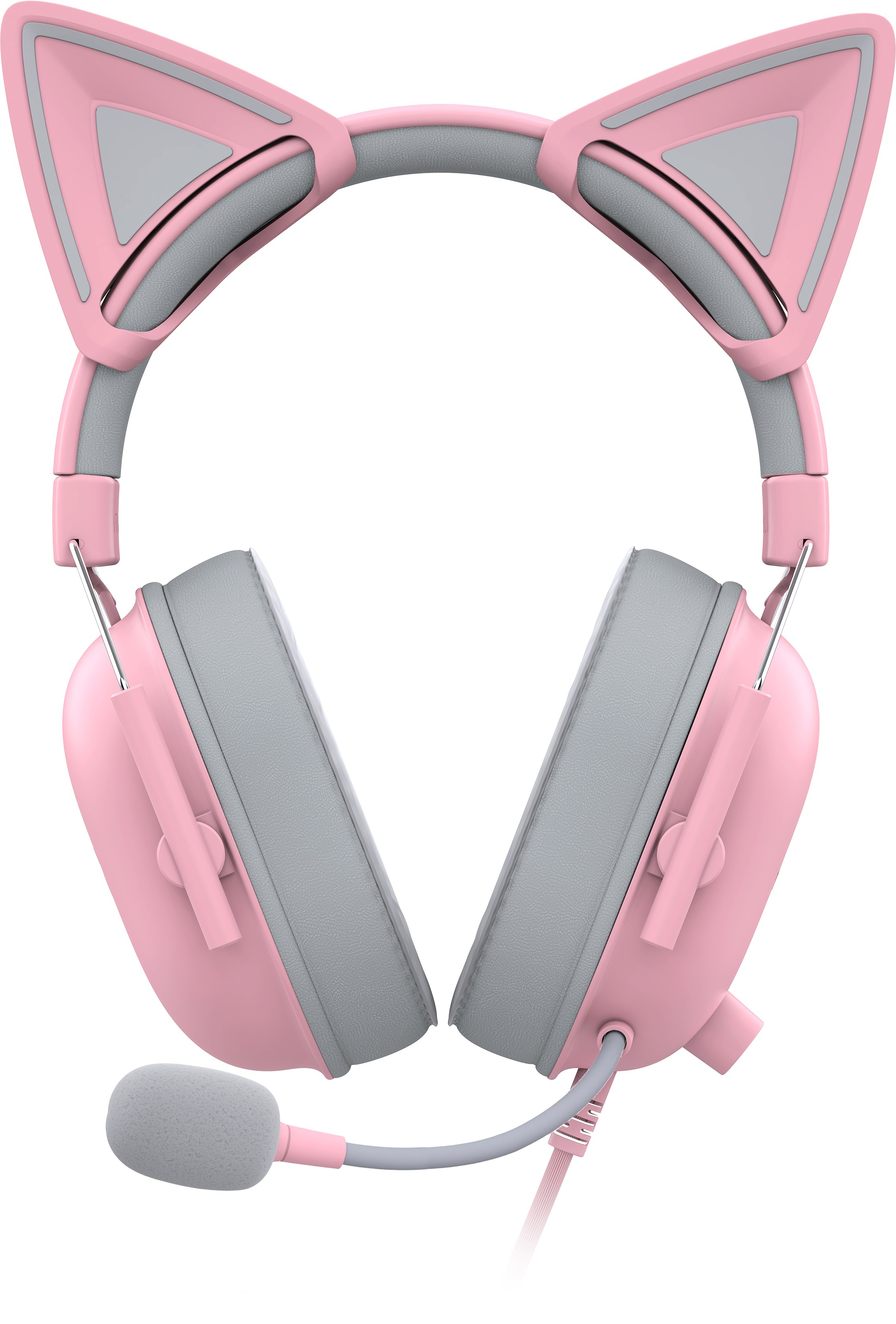 Cuffie rosa con orecchie da gatto. Le cuffie hanno padiglioni grigi e un microfono. Sfondo bianco.