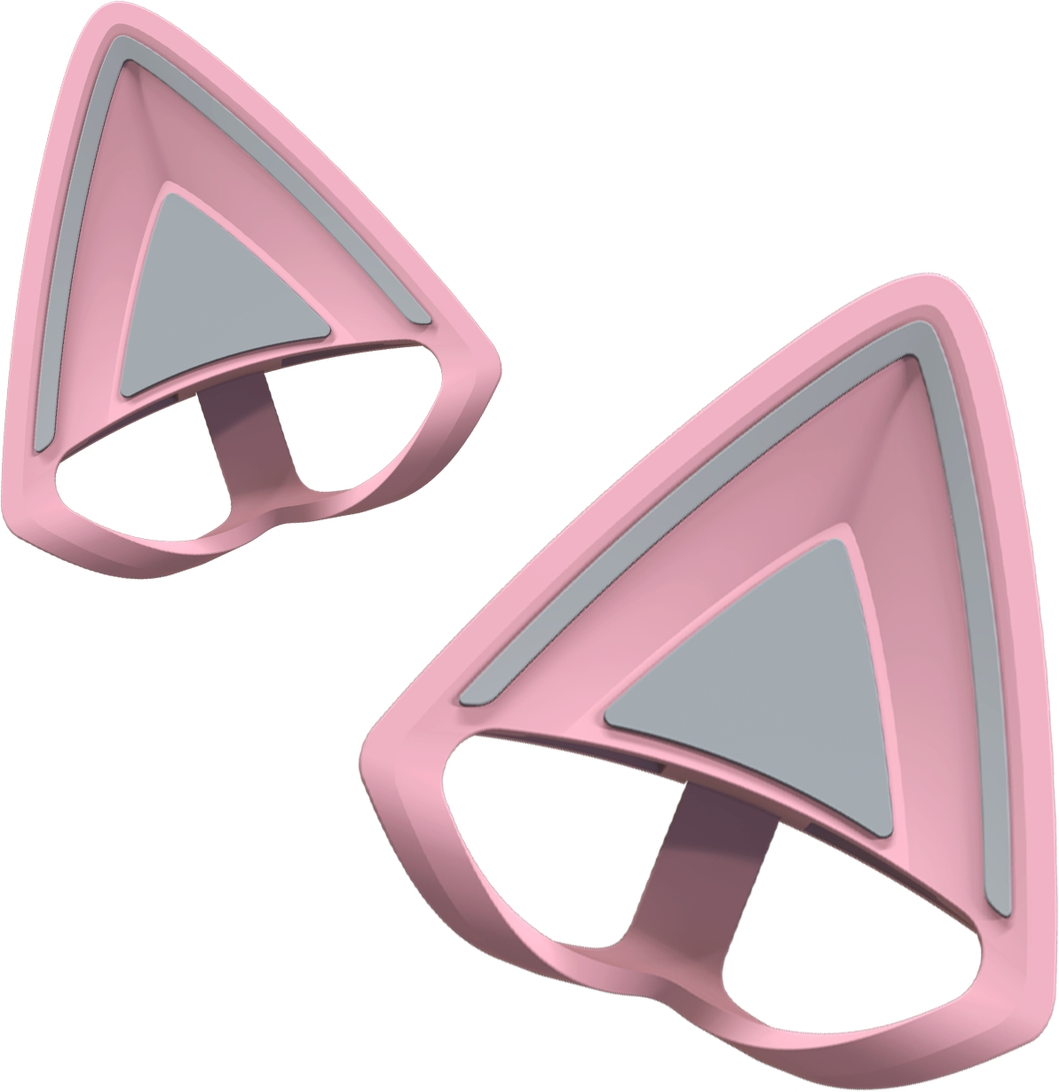 Due accessori a forma di orecchie di gatto rosa e grigio su sfondo bianco. Sono angolati verso l'alto.