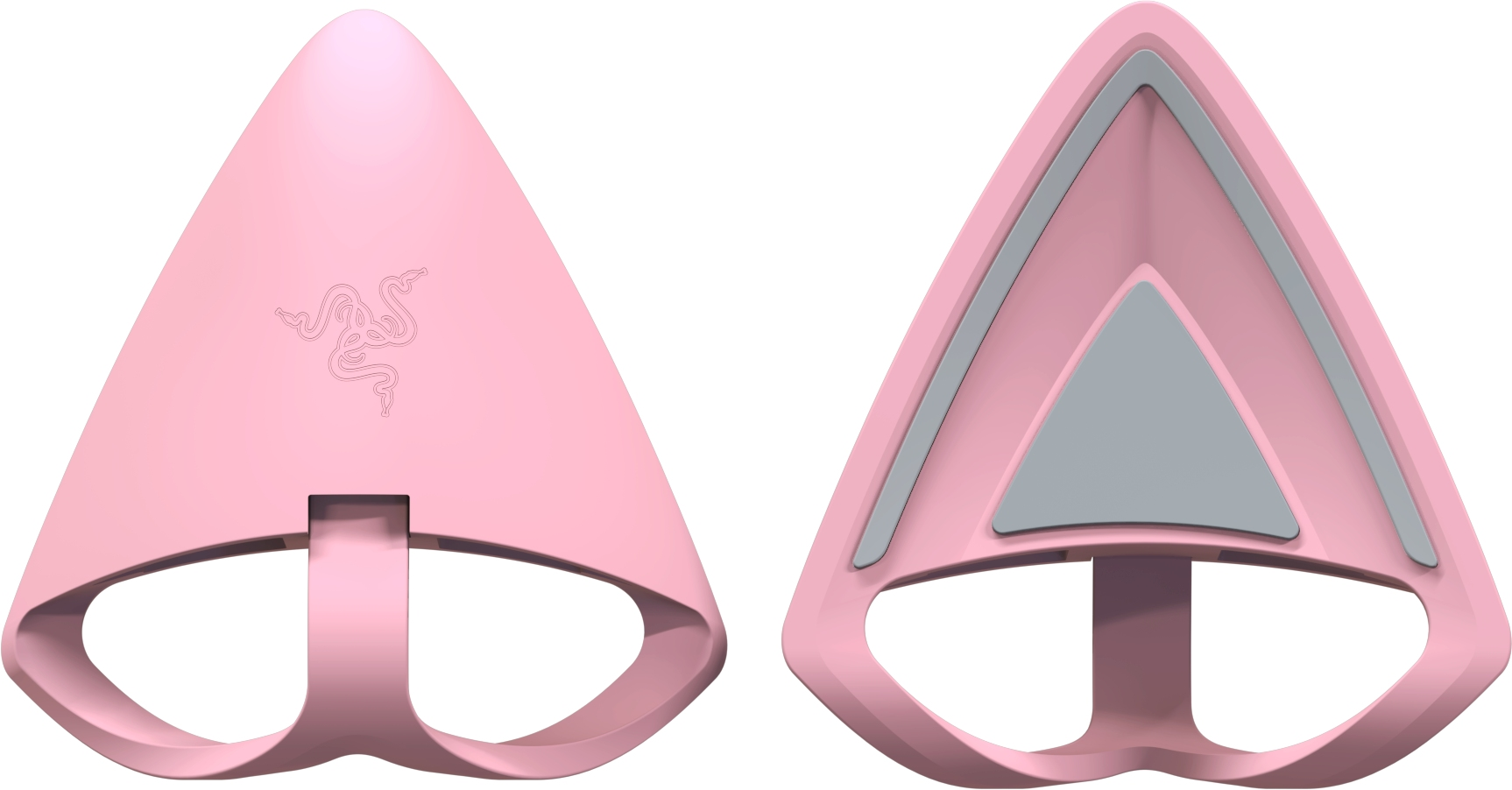Due auricolari Razer rosa. Logo Razer a sinistra. Il pezzo destro ha un'imbottitura grigia all'interno.
