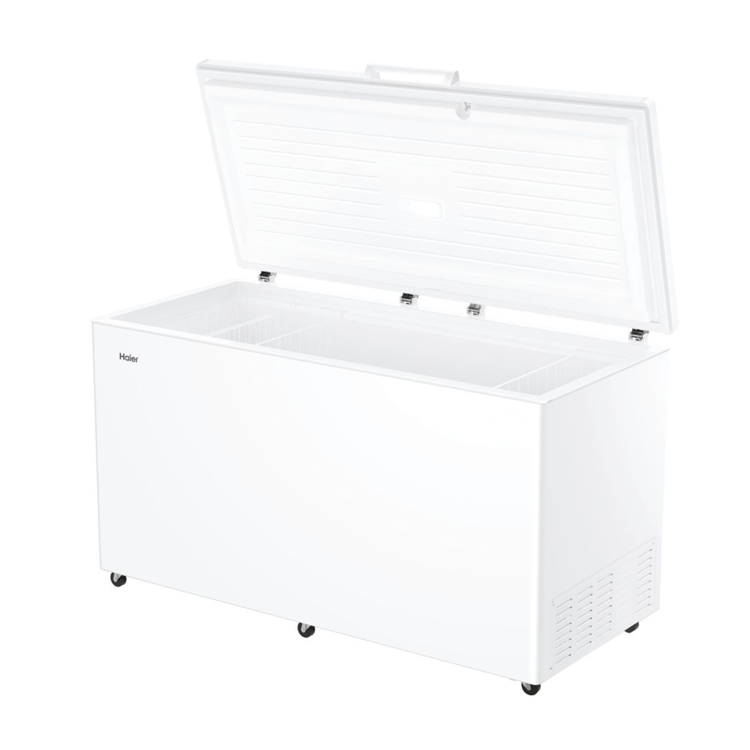 Freezer a pozzetto bianco, coperchio aperto. Interno con due scomparti.