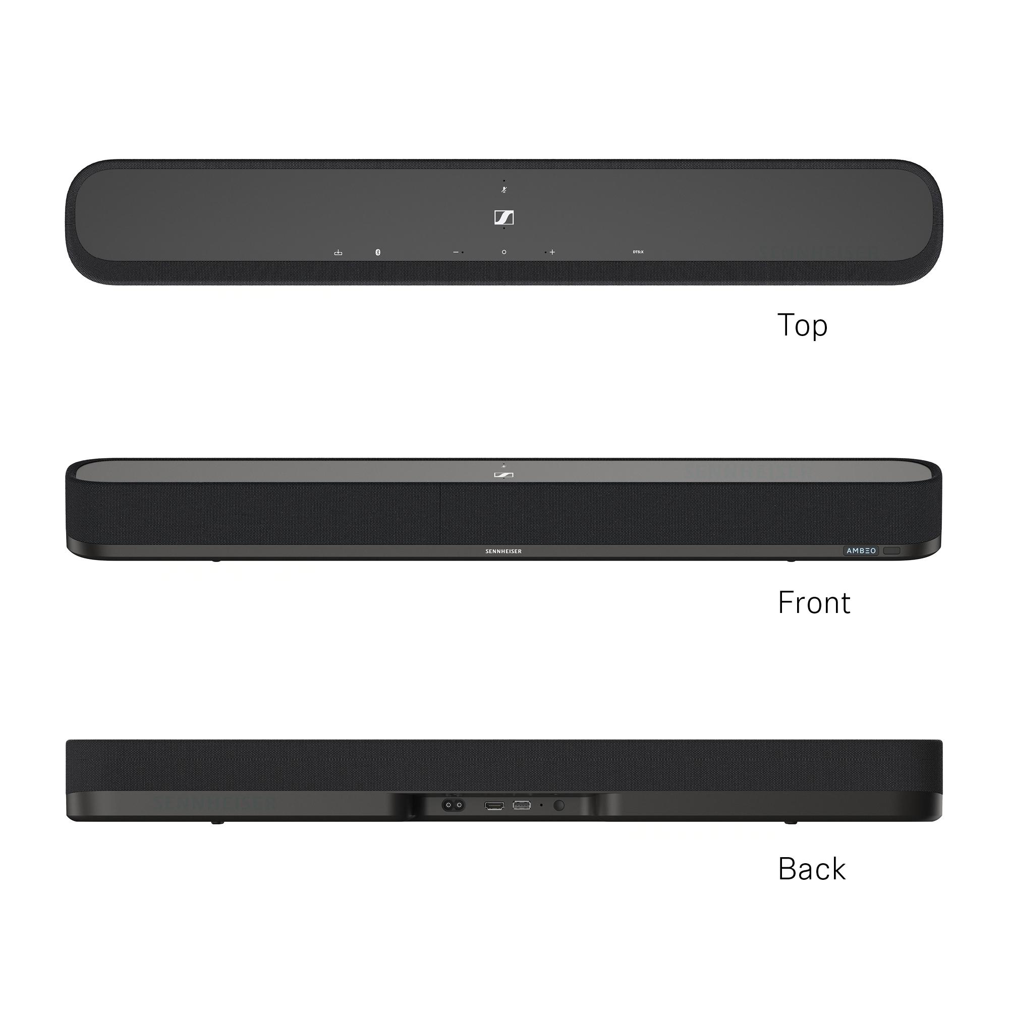 Drei Ansichten einer schwarzen Soundbar. Ober-, Vorder- und Rückansicht, mit Produktbeschriftungen.