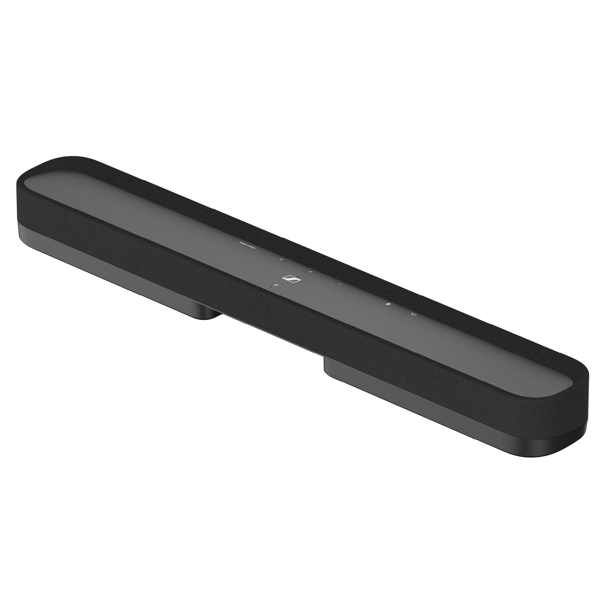 Eine schwarze Soundbar. Sie ist rechteckig mit abgerundeten Kanten und steht auf einem Tisch.