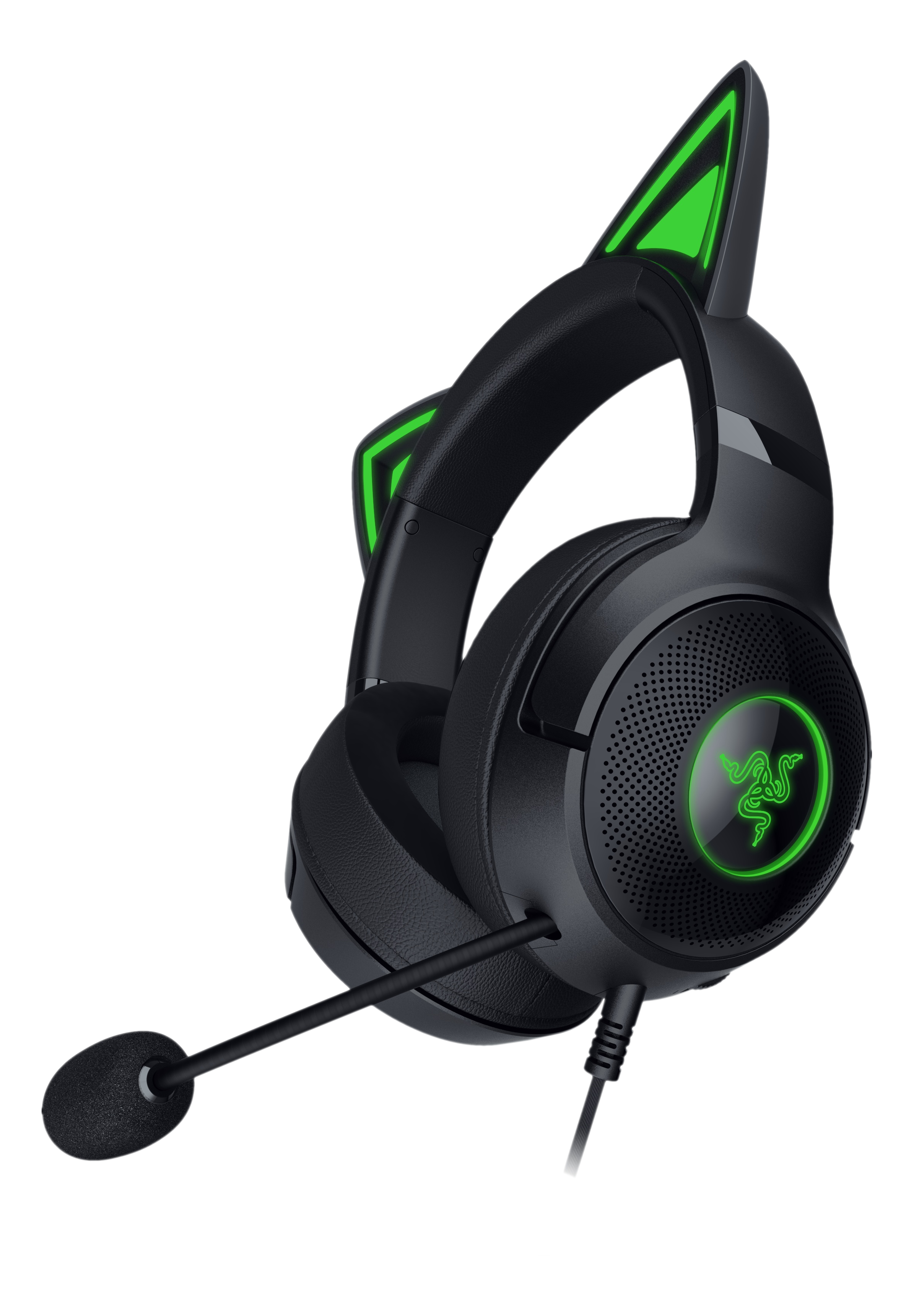 Cuffie da gioco Razer nere con accenti verdi. Design orecchie di gatto, con microfono.