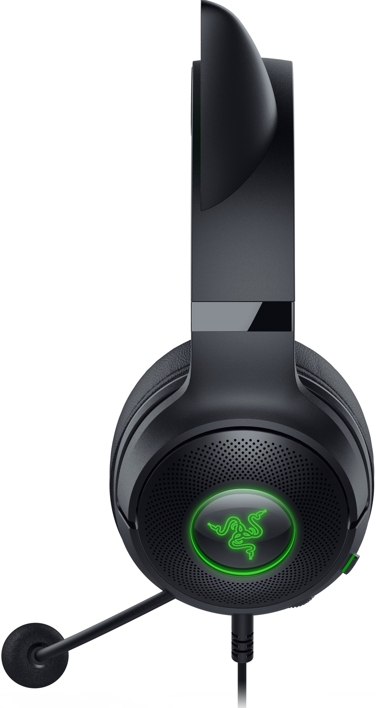 Un auricolare da gioco nero con microfono e logo Razer verde.