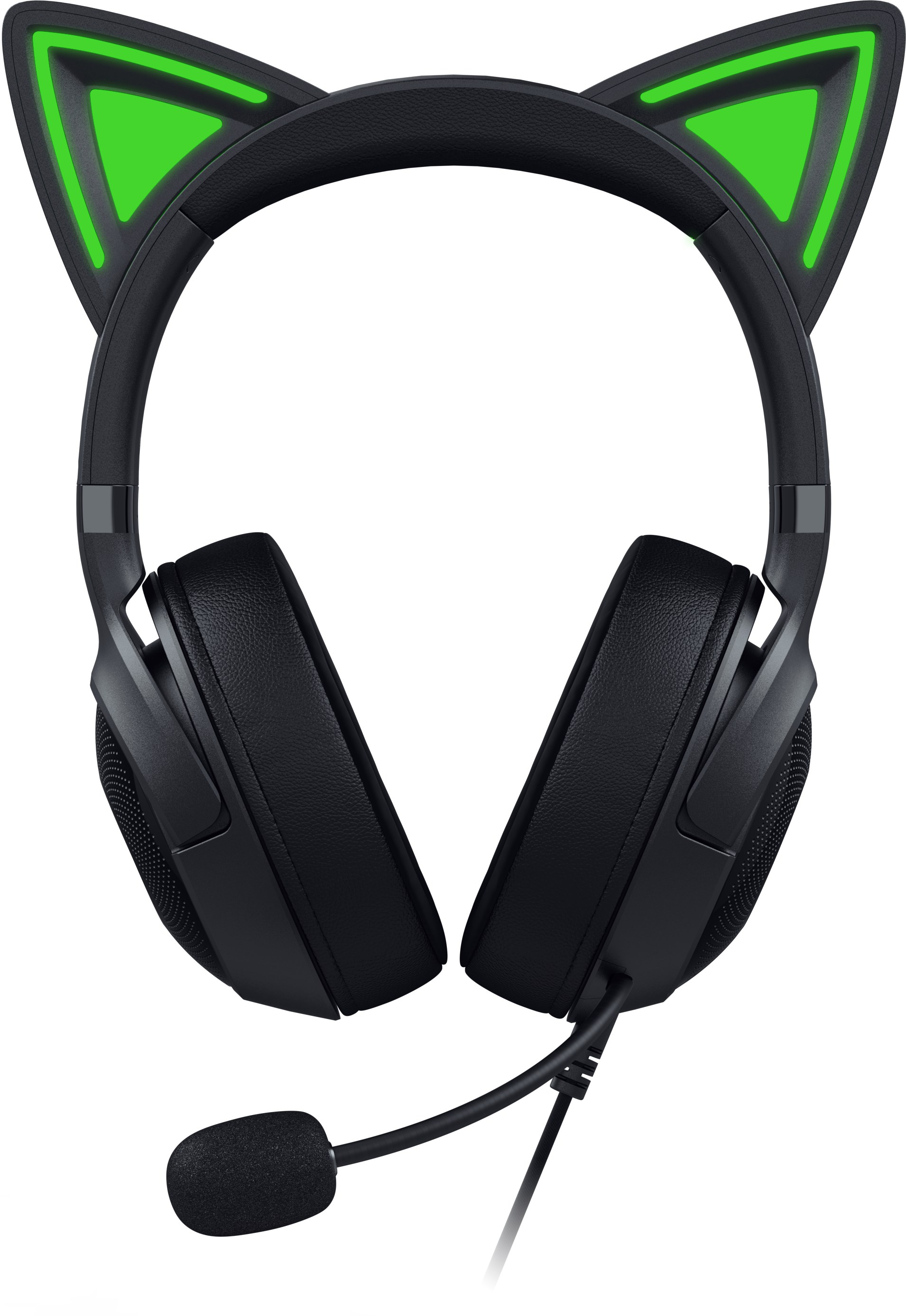 Cuffie da gioco nere con design a orecchie di gatto, microfono, isolate.