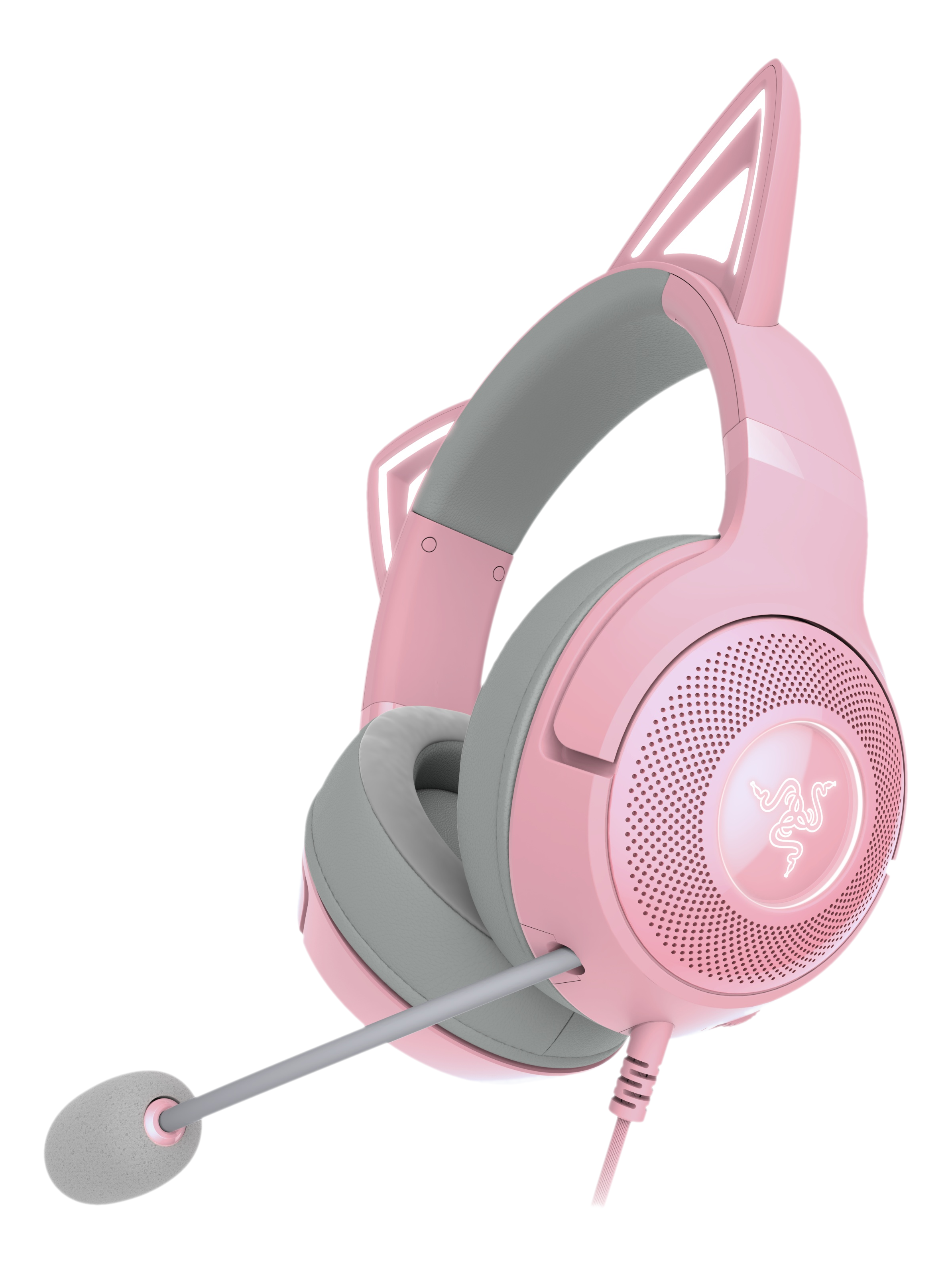 Rosa Gaming-Headset mit Katzenohren. Graue Ohrmuscheln und Mikrofon. Razer-Logo sichtbar.