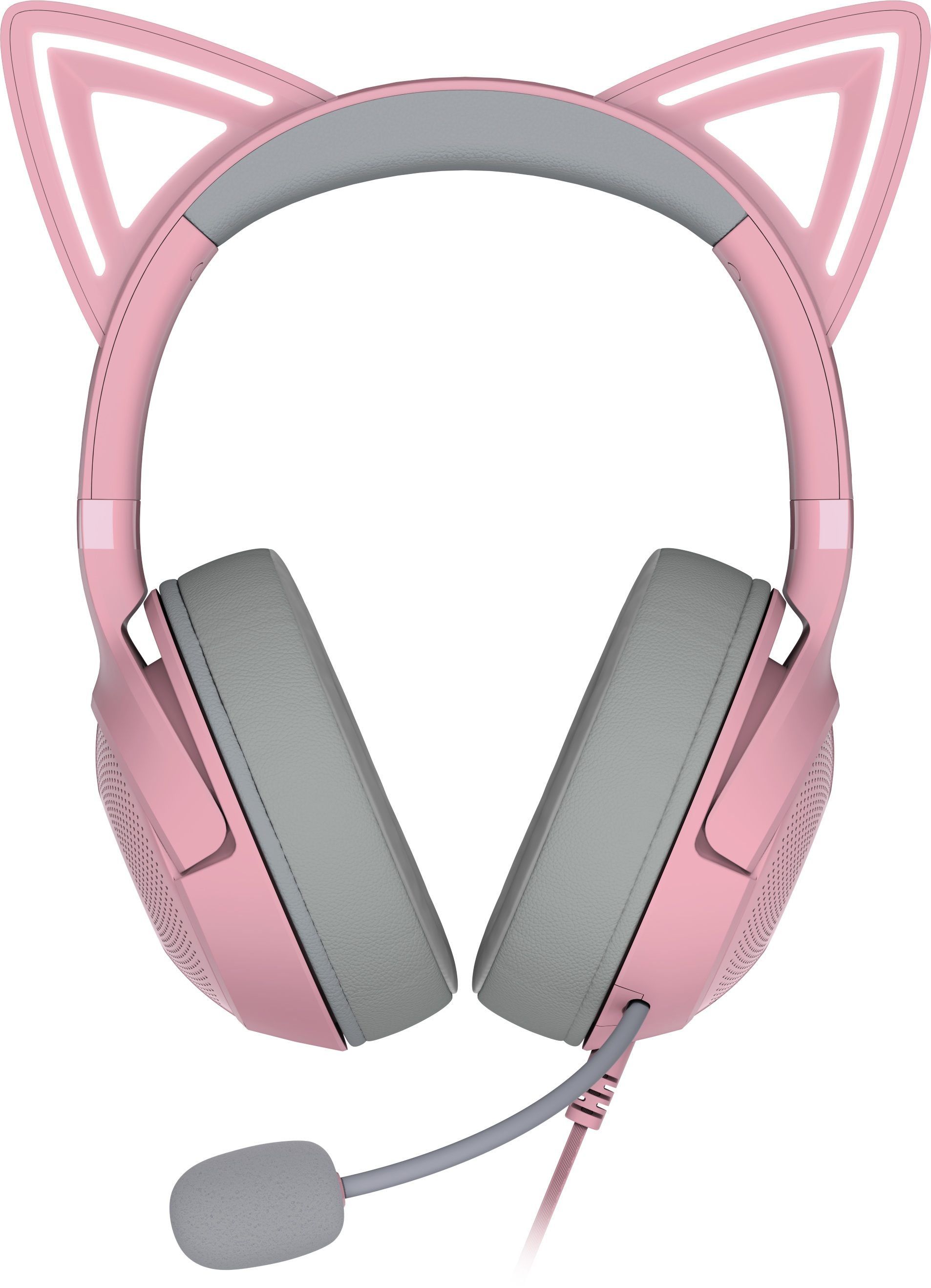 Pinke Katzenohrhörer mit Mikrofon, Vorderansicht.