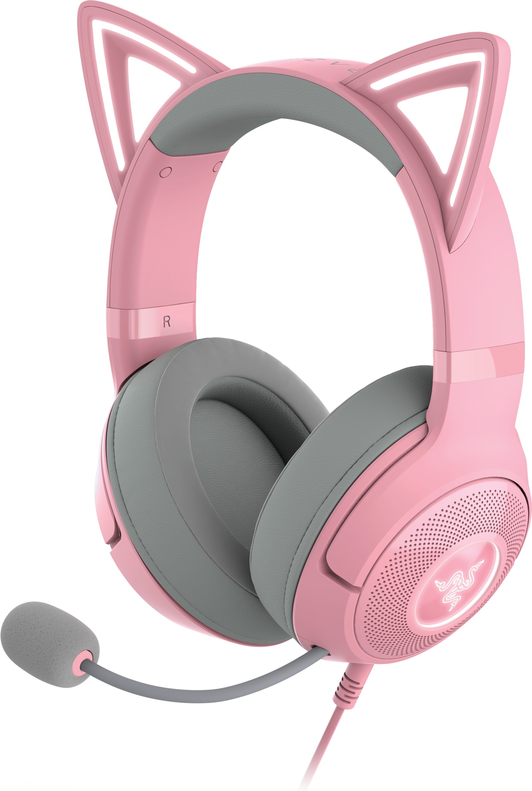 Rosa Katzenohr-Kopfhörer mit Mikrofon. Graue Ohrmuscheln und Zierleisten. Razer-Logo auf der Ohrmuschel.