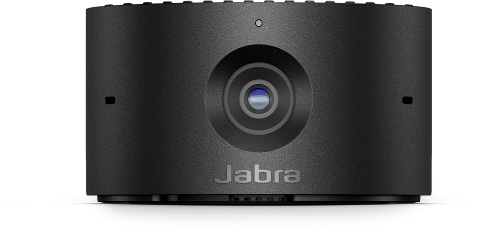 Schwarze Jabra Freisprecheinrichtung. Kreisförmiges Design mit zentraler Linse. Jabra-Logo sichtbar.