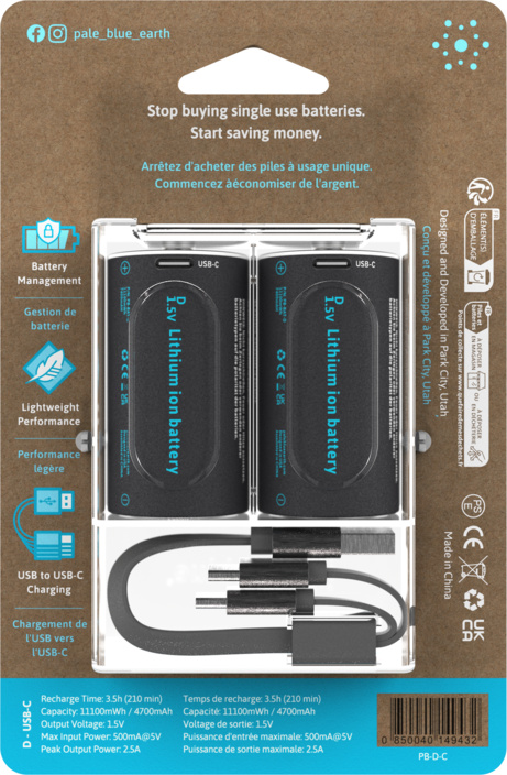 Emballage pour deux piles D lithium-ion 1,5 V avec câble de charge USB-C. Étiquettes de texte.