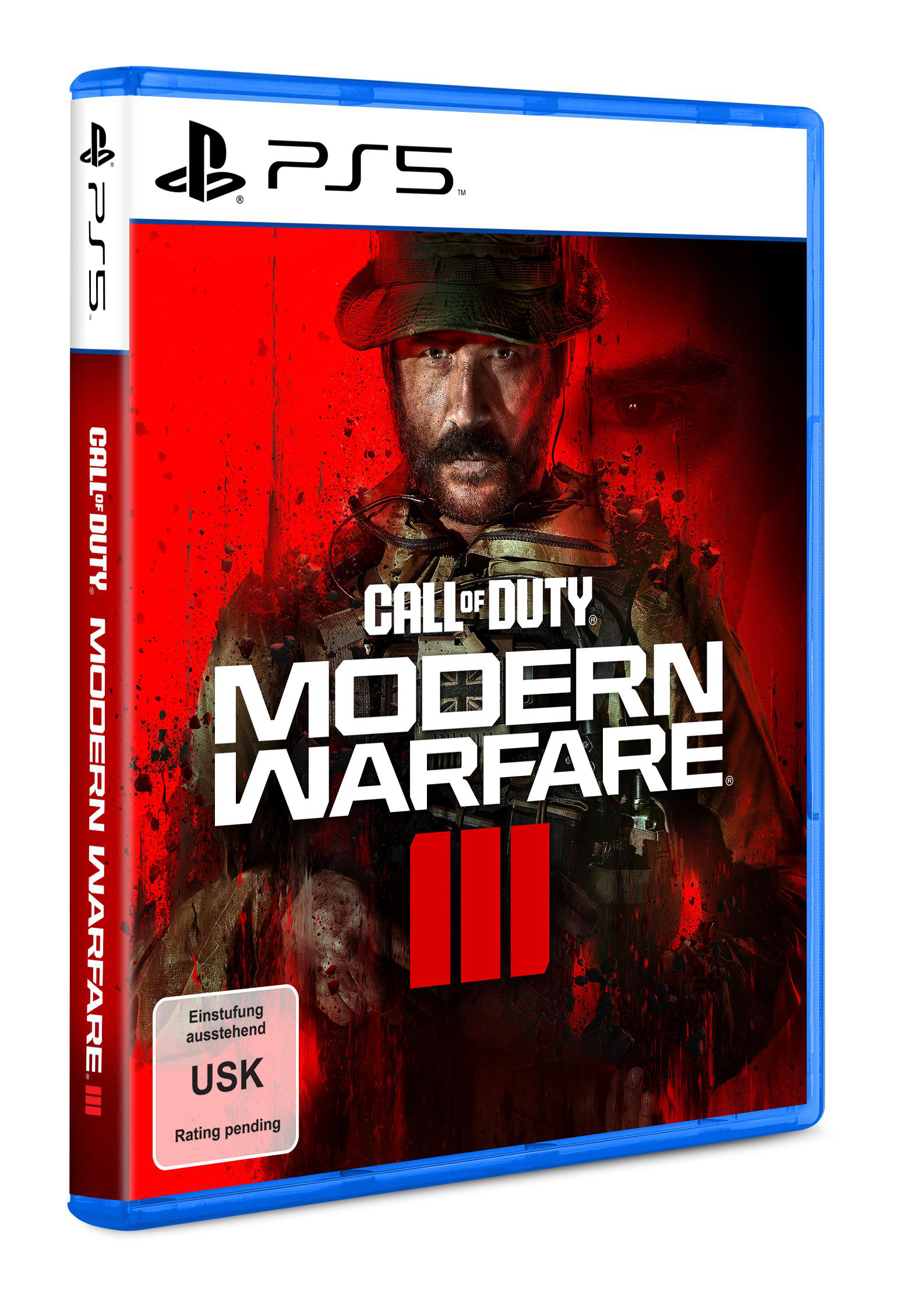 Call of Duty: Modern Warfare III Spielbox. Mit einem Soldaten auf rotem Hintergrund.