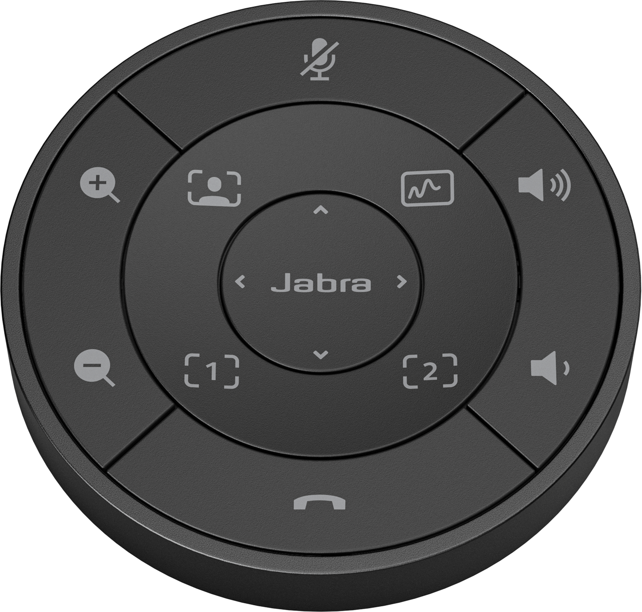 Schwarzes rundes Jabra-Bedienfeld mit Tasten: Mikrofon, Lautstärke, Anruf, Kamera und nummerierte Tasten.