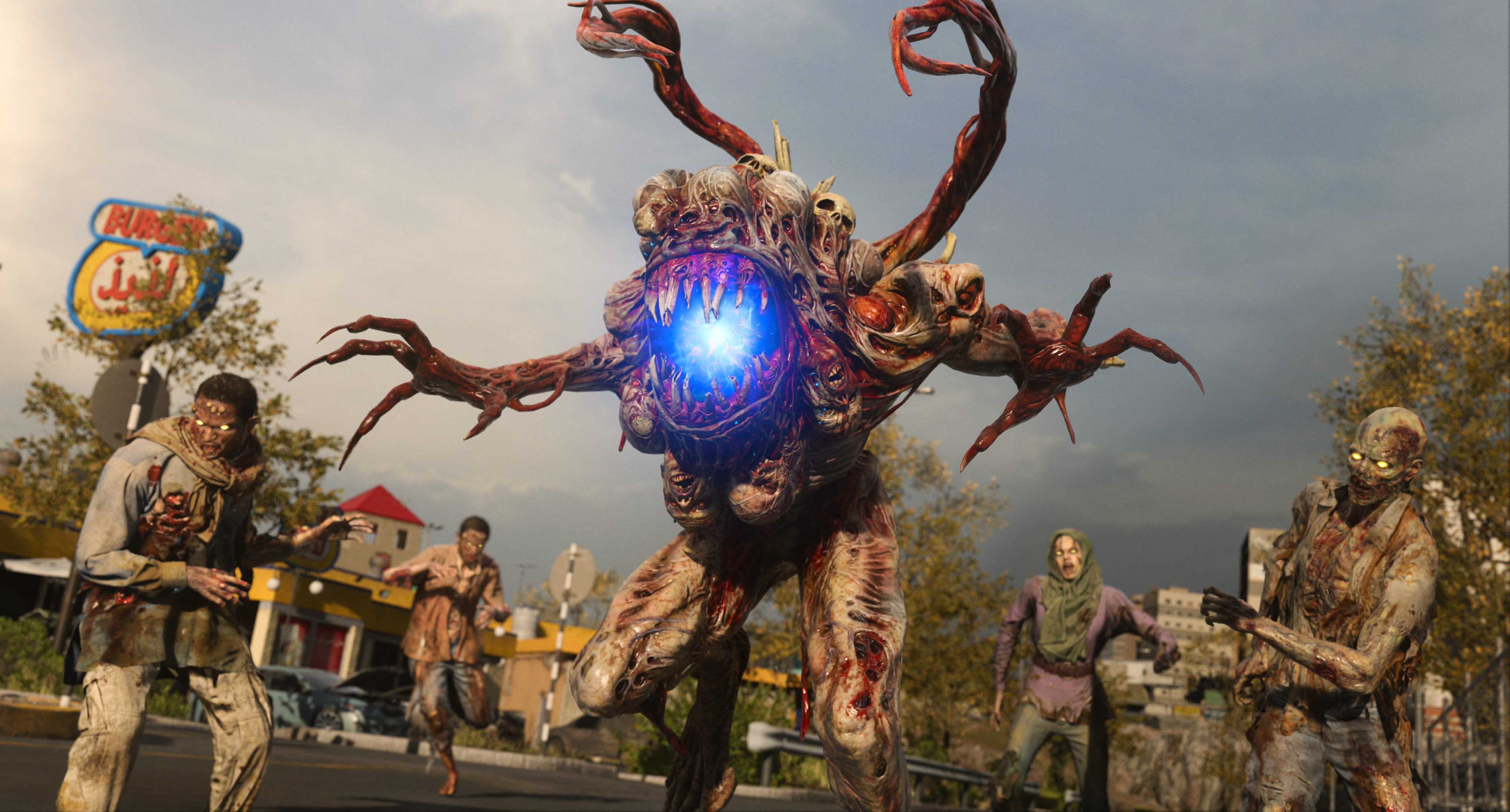 Ein Monster mit scharfen Zähnen und blauem Auge greift Zombies in einer Stadt an.