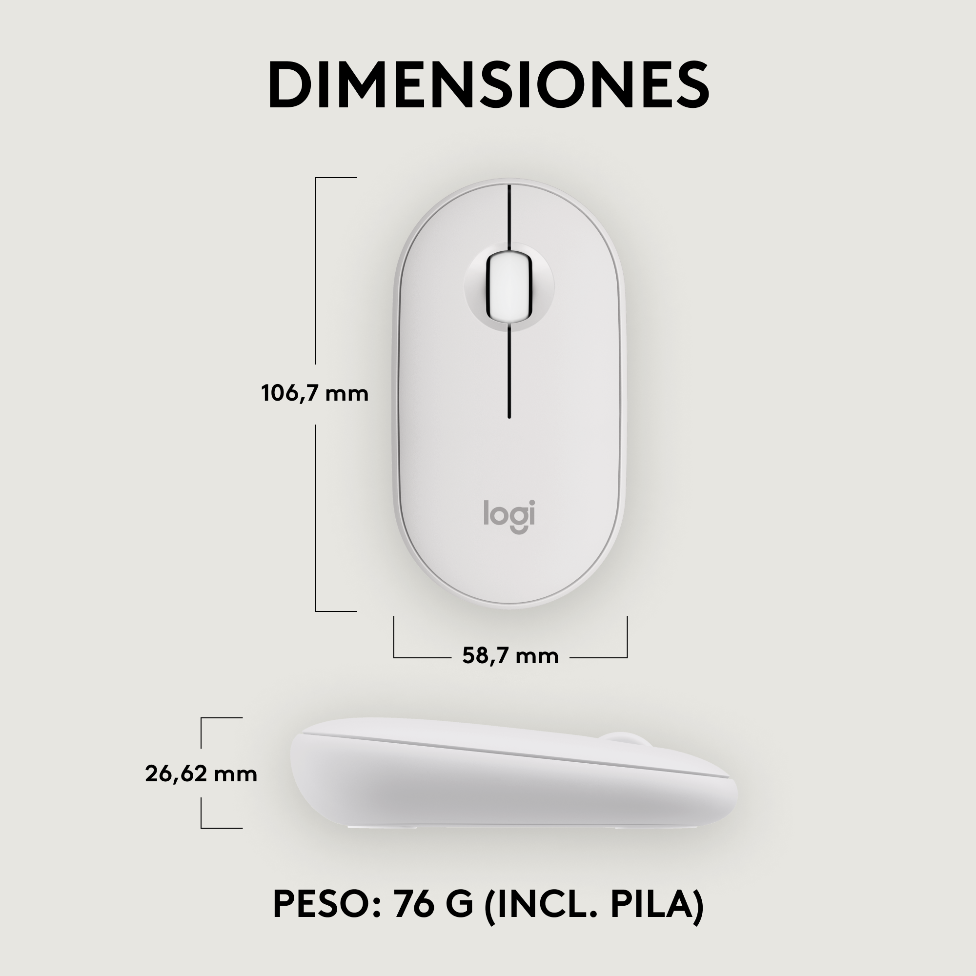 Un ratón de ordenador blanco con información de dimensiones y peso. Aislado sobre fondo blanco.