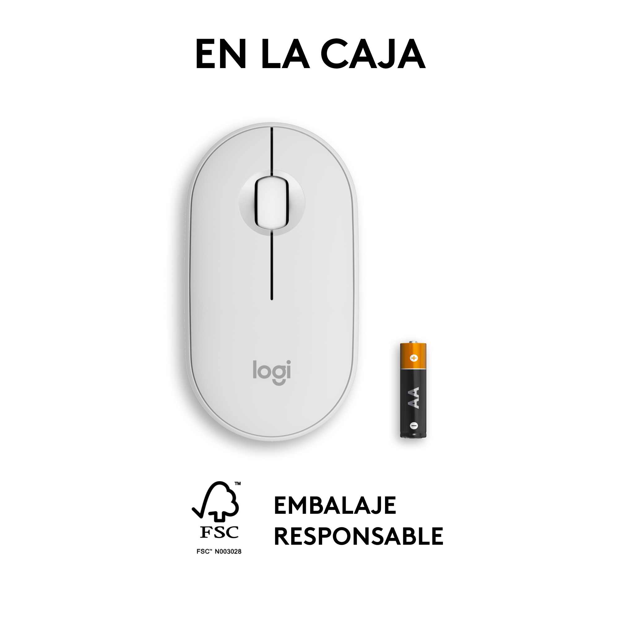 Ratón Logitech blanco y batería AA sobre fondo blanco con texto.