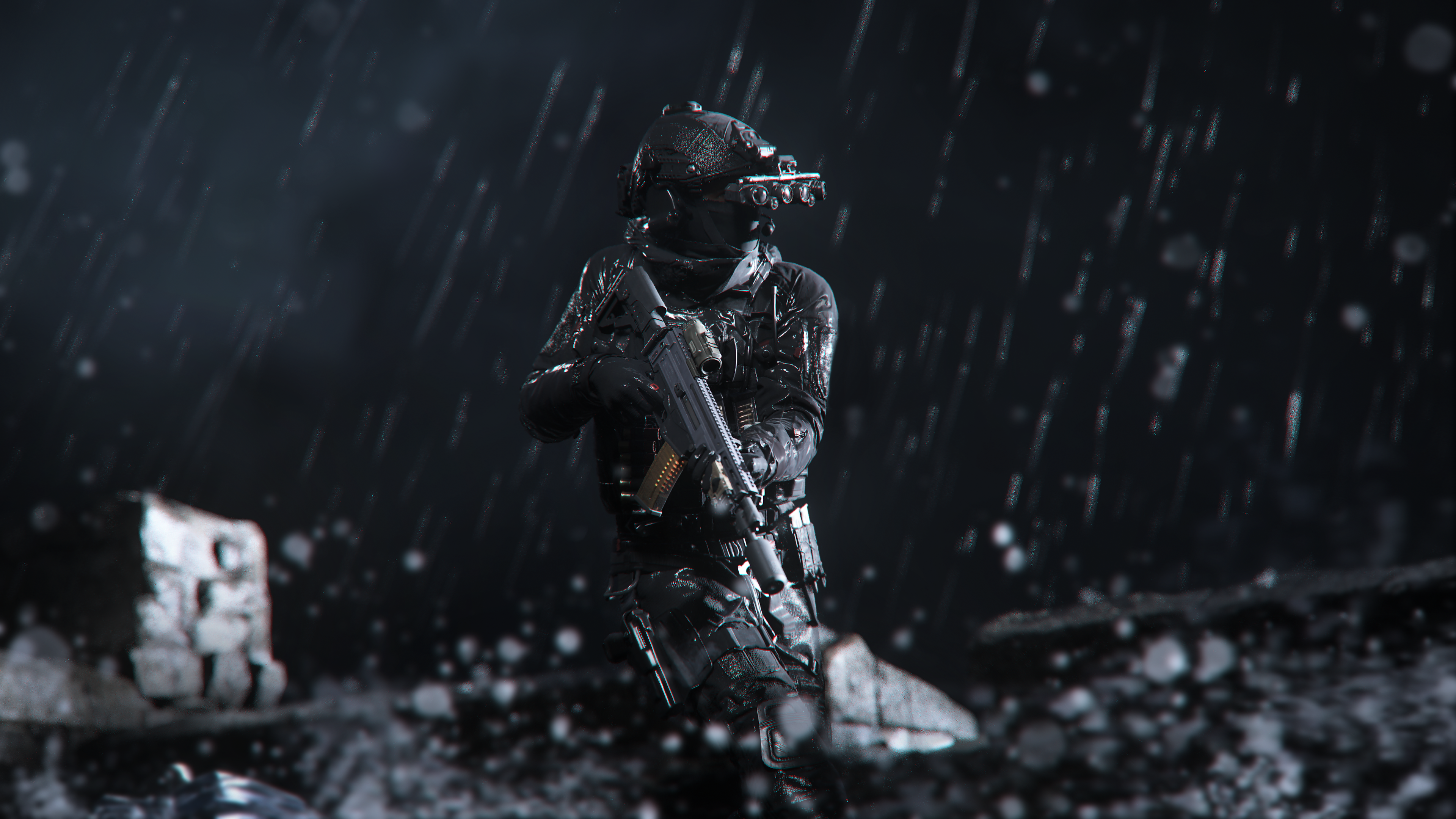 Ein Soldat in schwarzer Ausrüstung mit einer Waffe, Regen und dunklem Hintergrund. Das Bild hat einen dramatischen Ton.