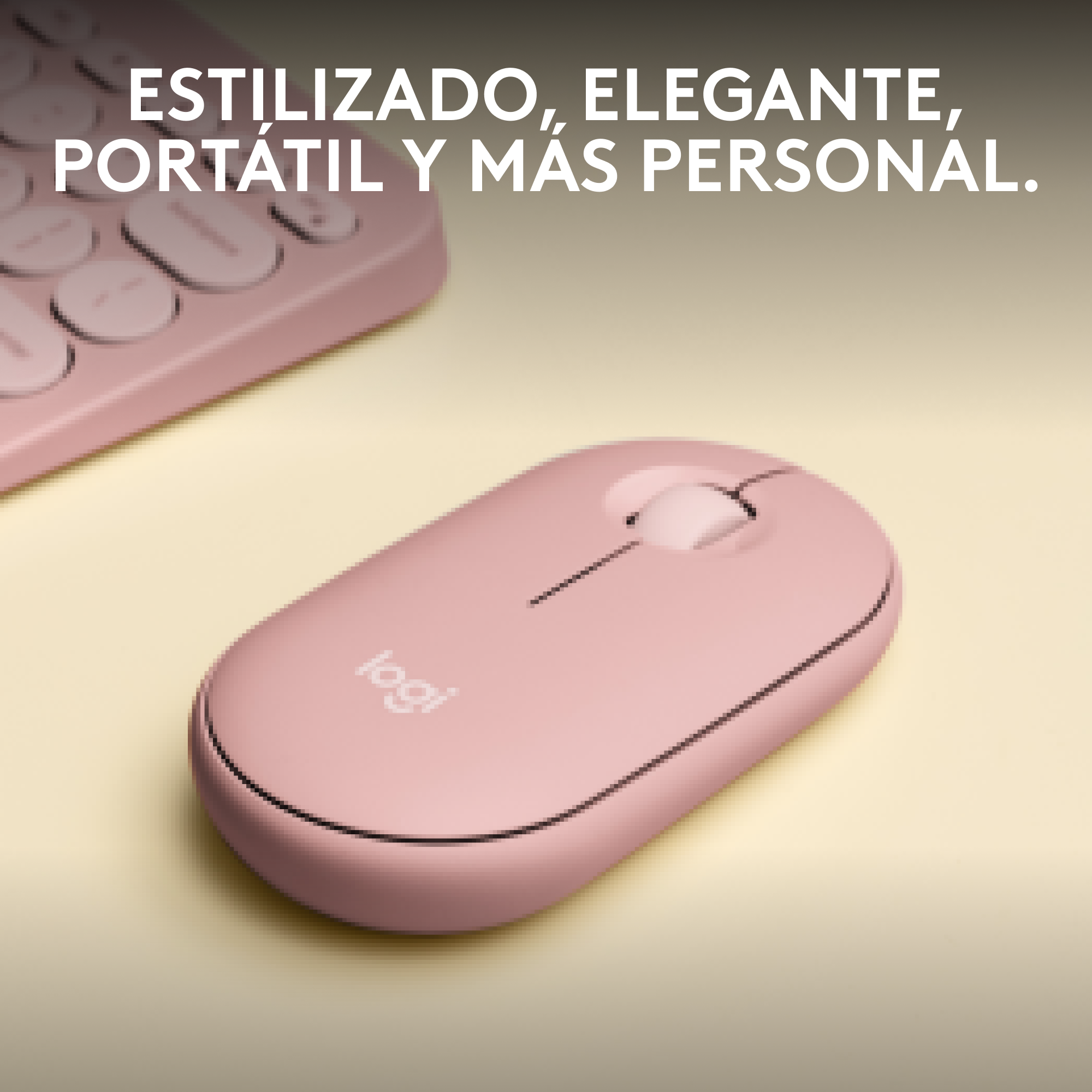 Ratón inalámbrico rosa sobre superficie amarilla. Texto: Elegante, portátil y más personal.