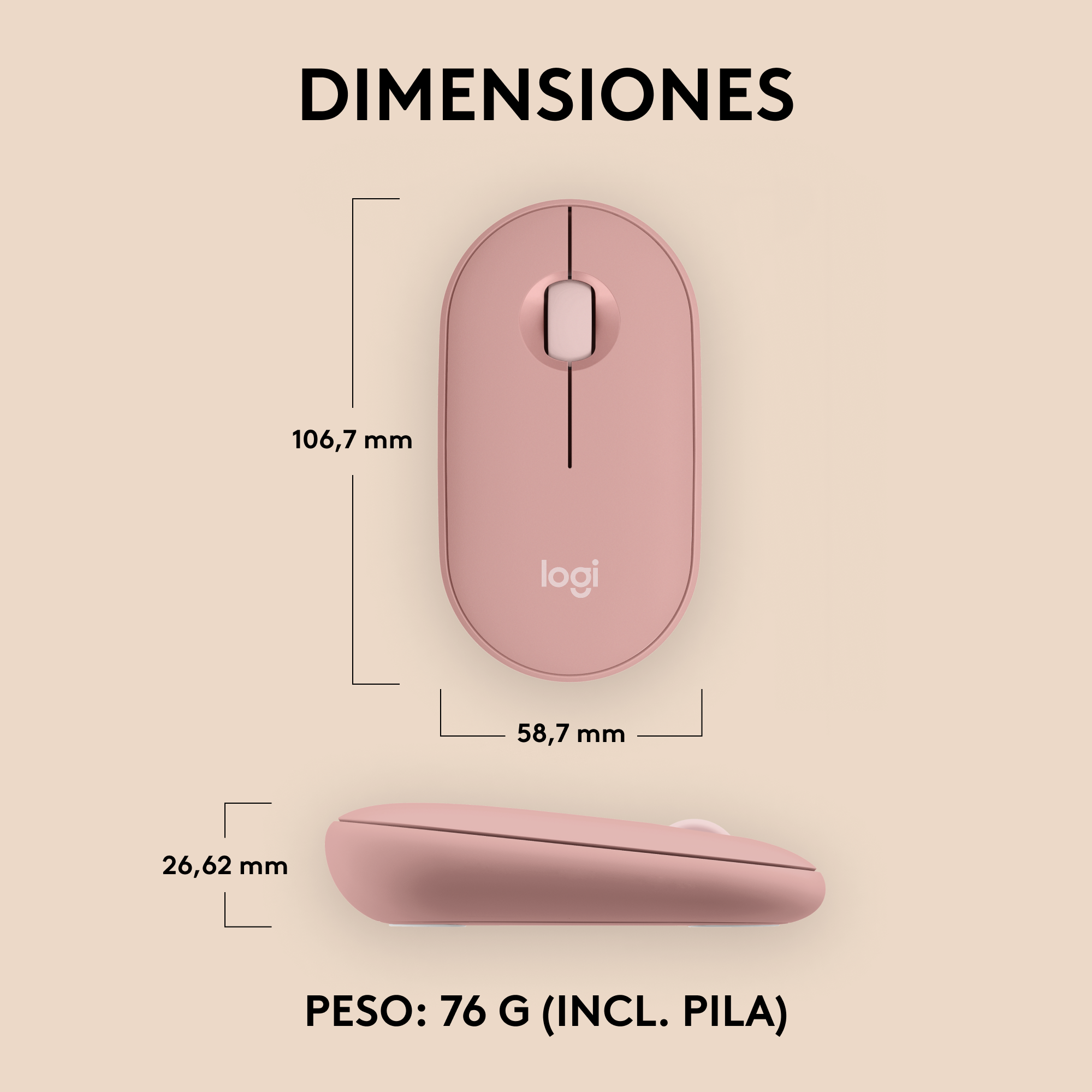 Ratón rosa con dimensiones y peso escritos en la imagen. Fondo blanco.