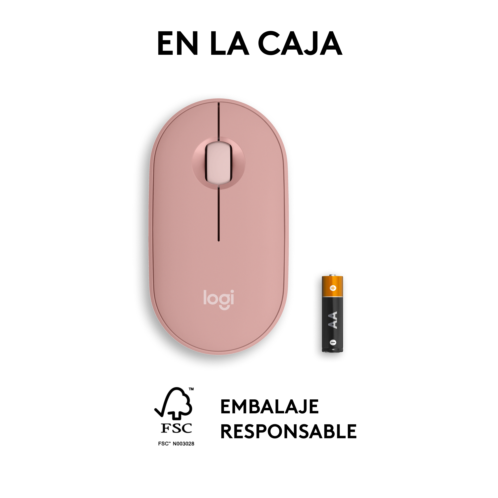Ratón Logitech rosa, con una pila AA y texto que dice "En la caja" (En la caja).