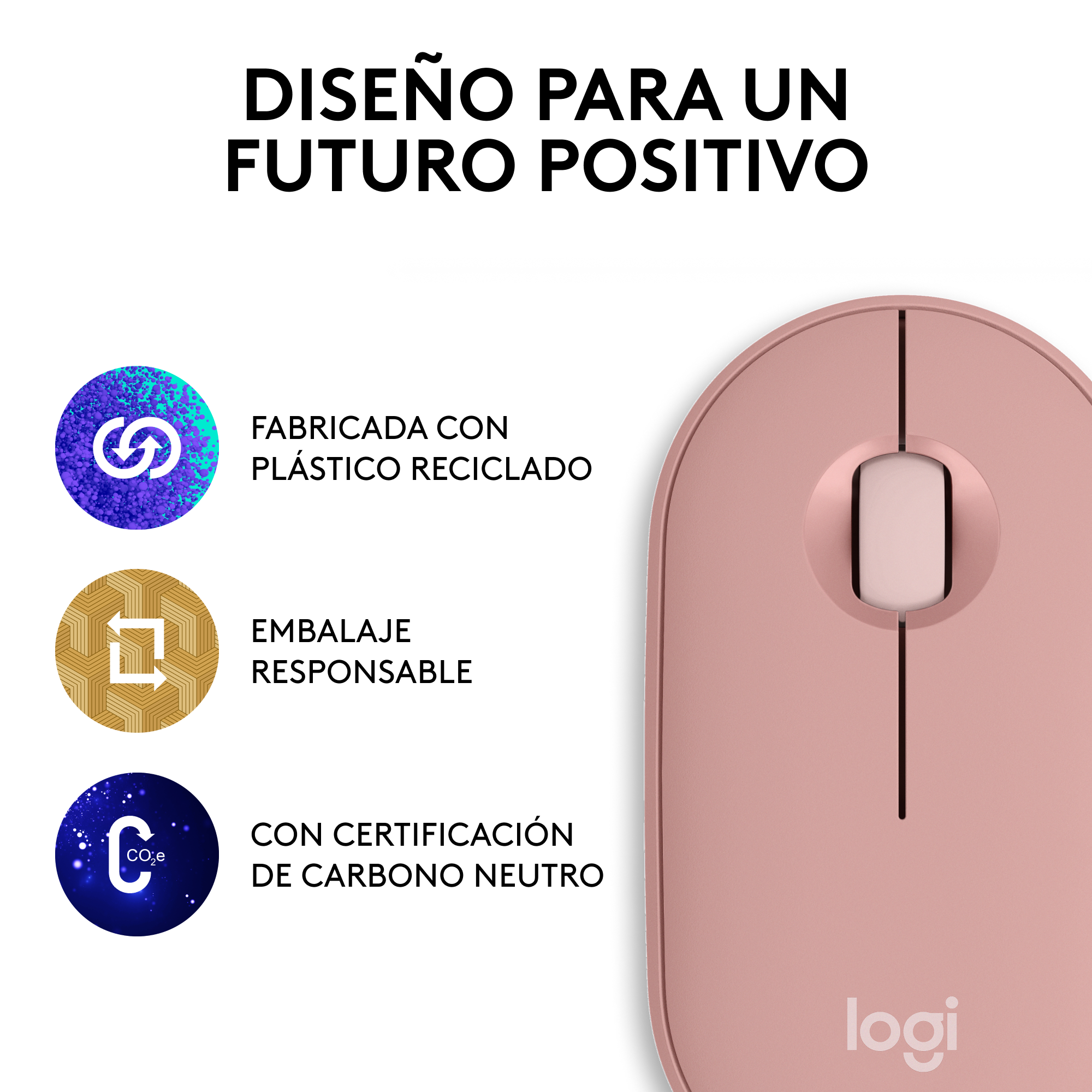 Un ratón rosa con texto sobre plástico reciclado, embalaje responsable y neutralidad de carbono.
